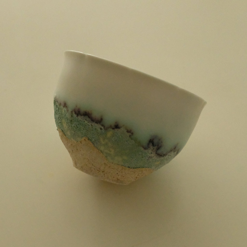 Yuli Handmade Teal Blue Sea Waves Sandy Beach Floral Rim Floral Bud Cup Matte Textured Ceramic Stoneware