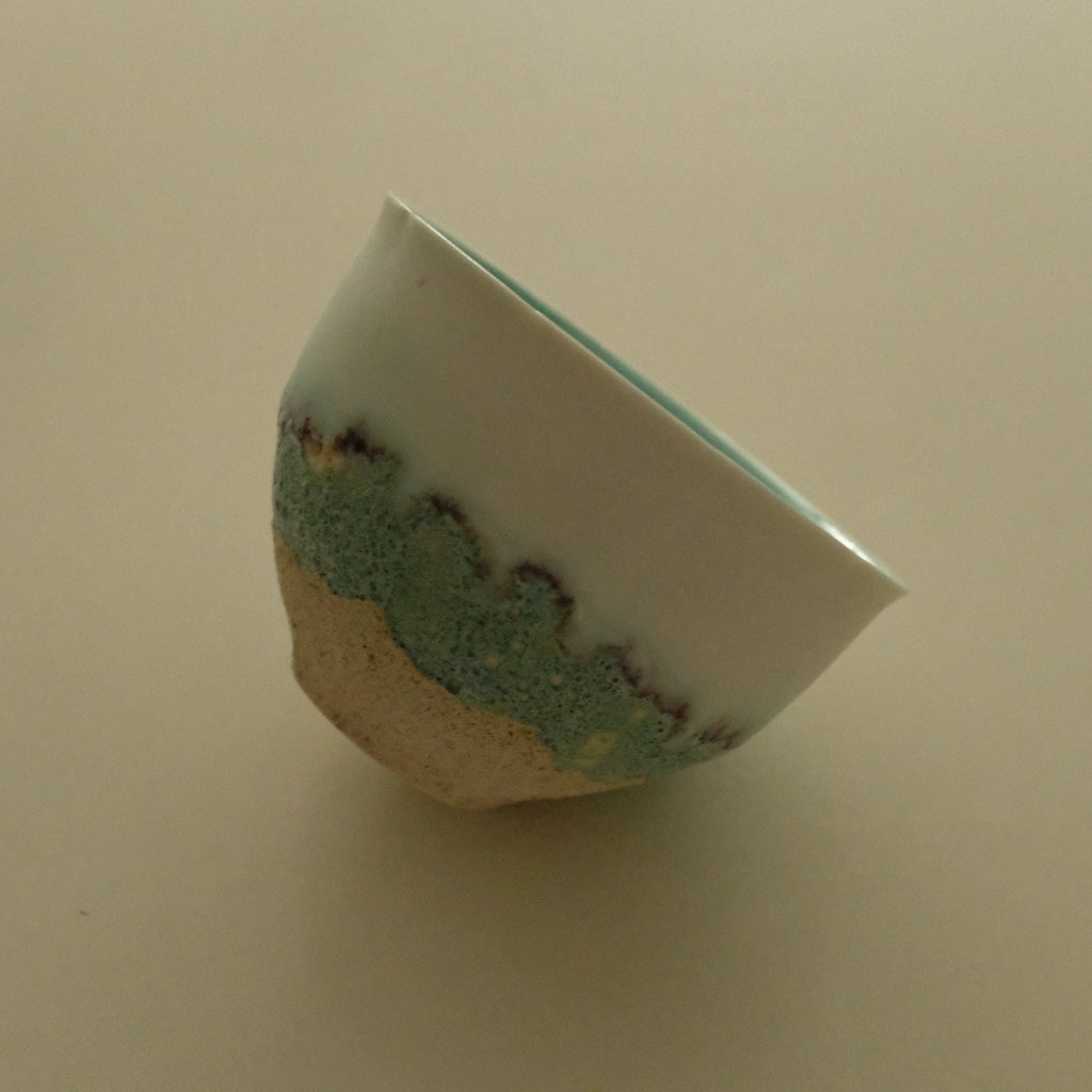 Yuli Handmade Teal Blue Sea Waves Sandy Beach Floral Rim Floral Bud Cup Matte Textured Ceramic Stoneware