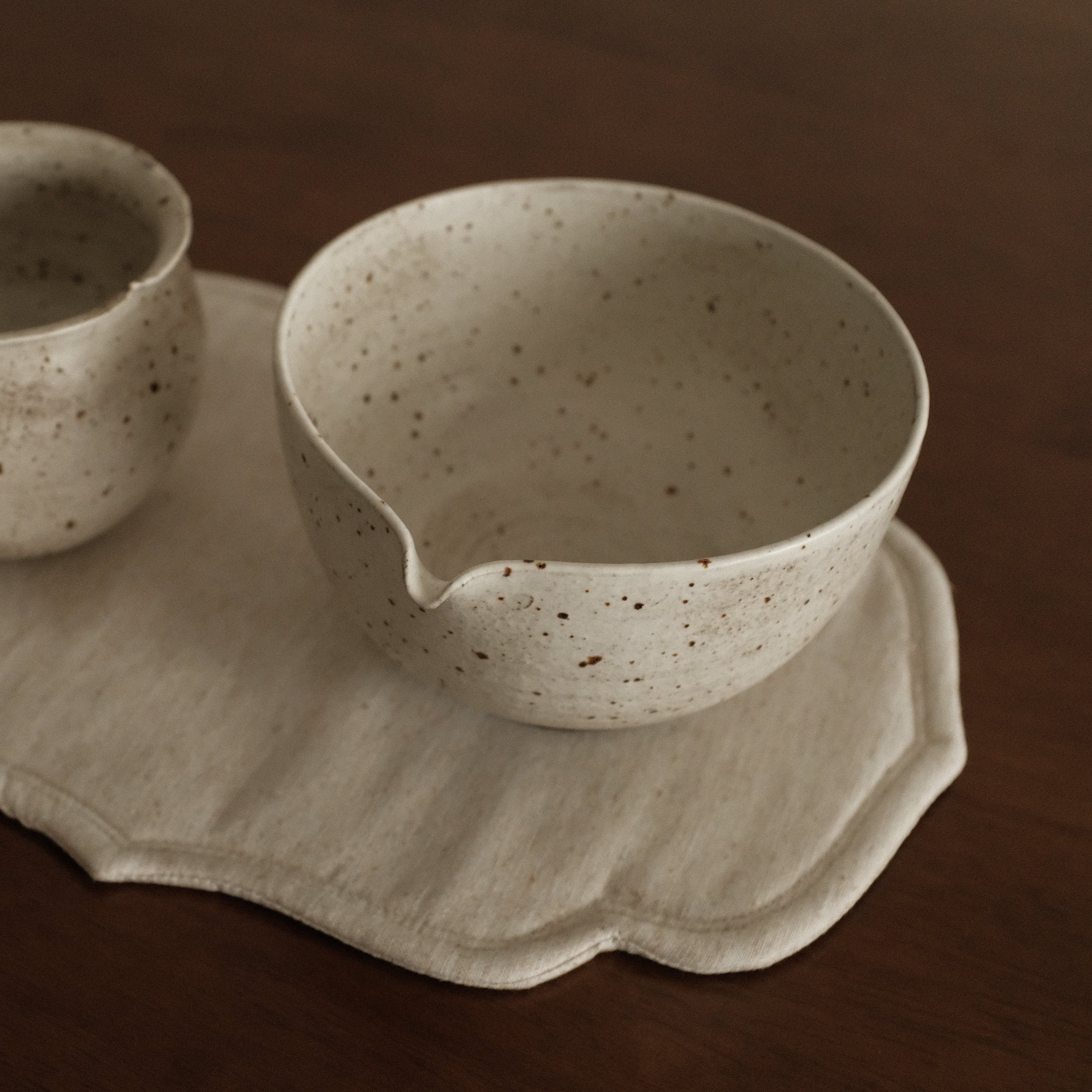 Yuli Speckled Grey White Handmade Katakuchi Matcha Bowl Powdered Glaze Underglazed Stoneware
