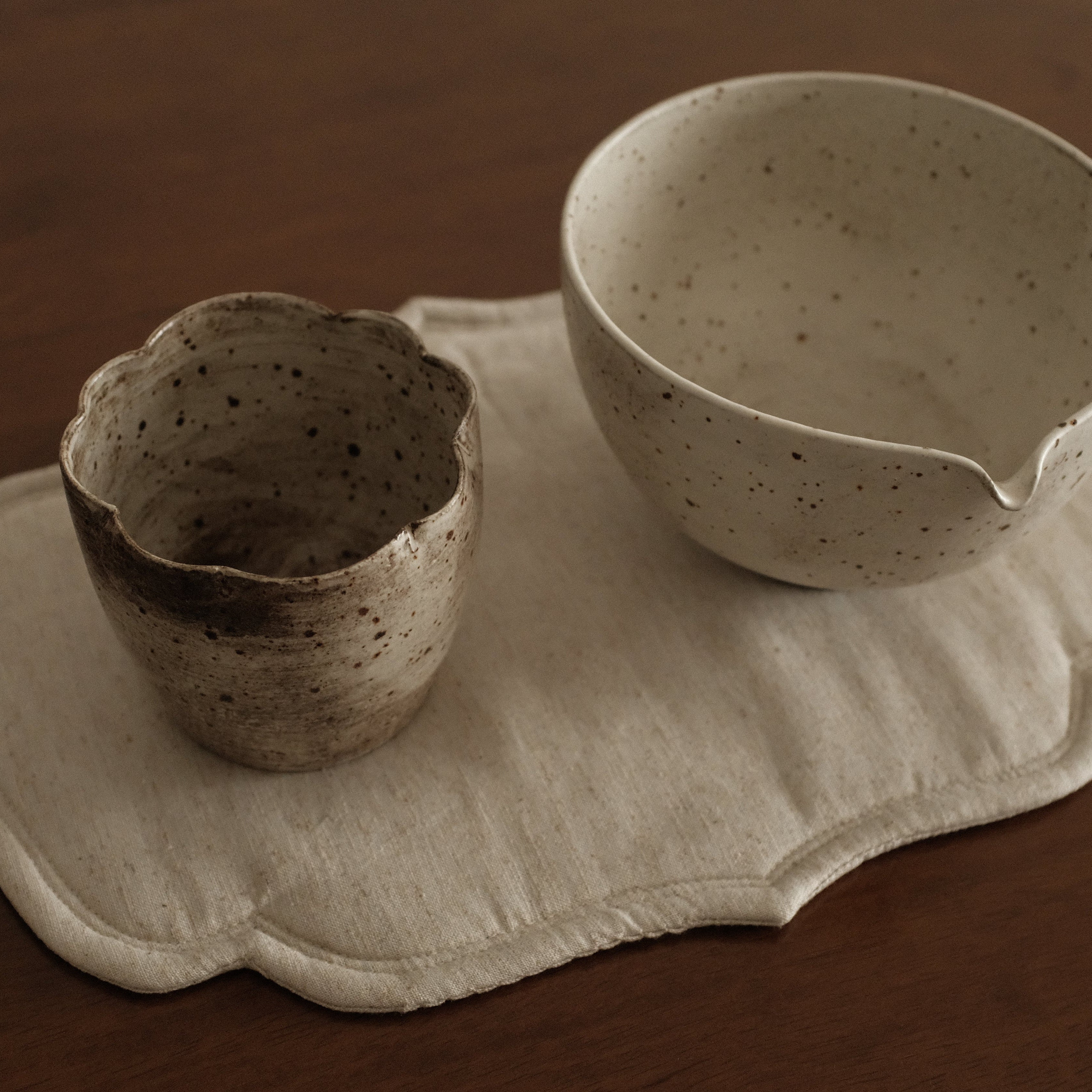 Yuli Handmade Speckled Grey Beige Floral Rim Choko Cup Powdered Glaze Underglazed Stoneware