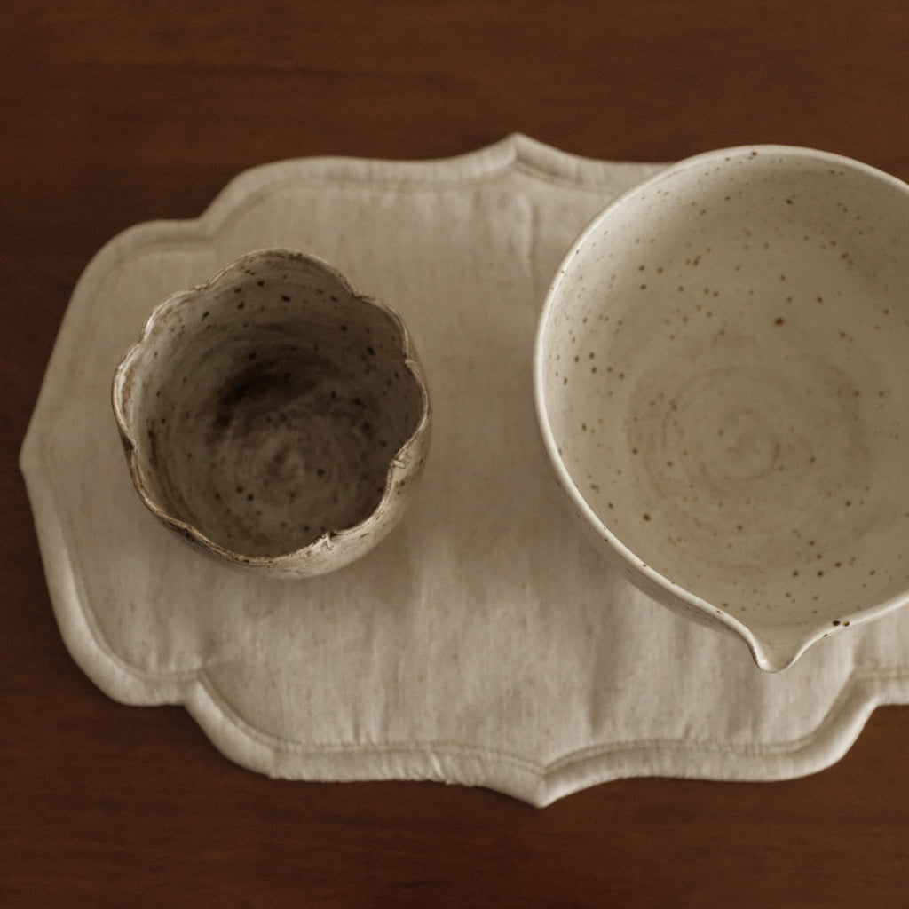 Yuli Handmade Speckled Grey Beige Floral Rim Choko Cup Powdered Glaze Underglazed Stoneware