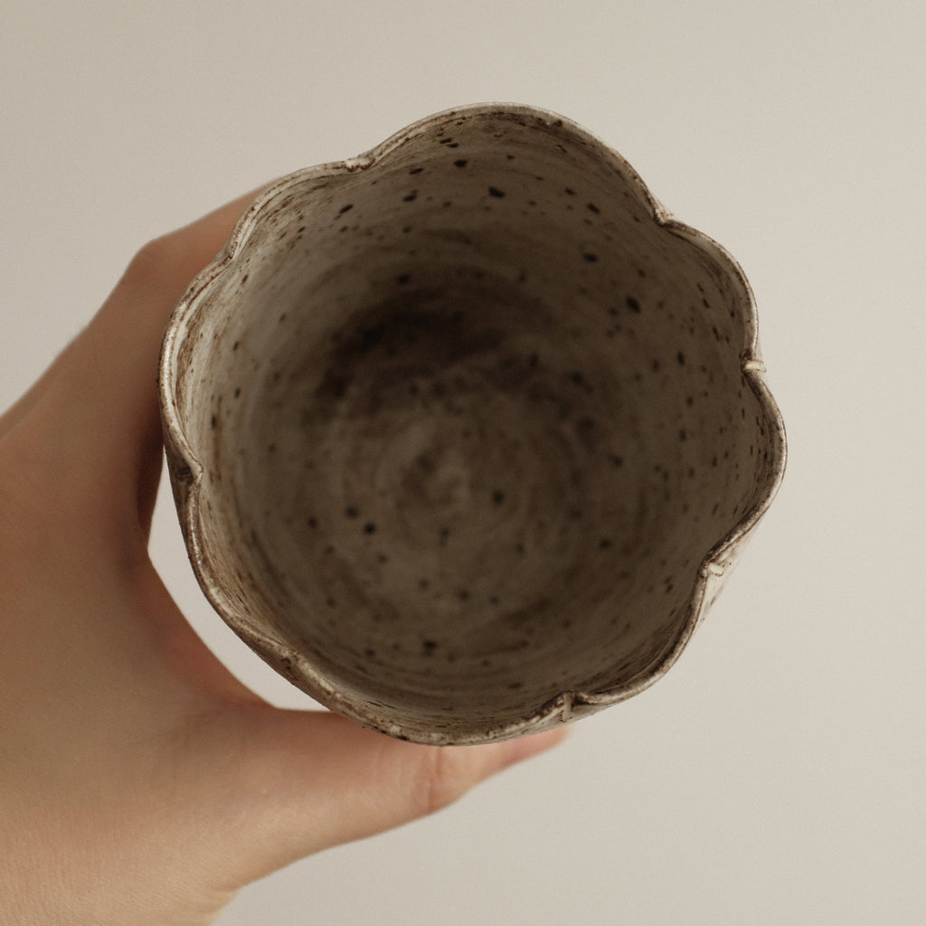 Yuli Handmade Speckled Grey Beige Floral Rim Choko Cup Powdered Glaze Underglazed Stoneware
