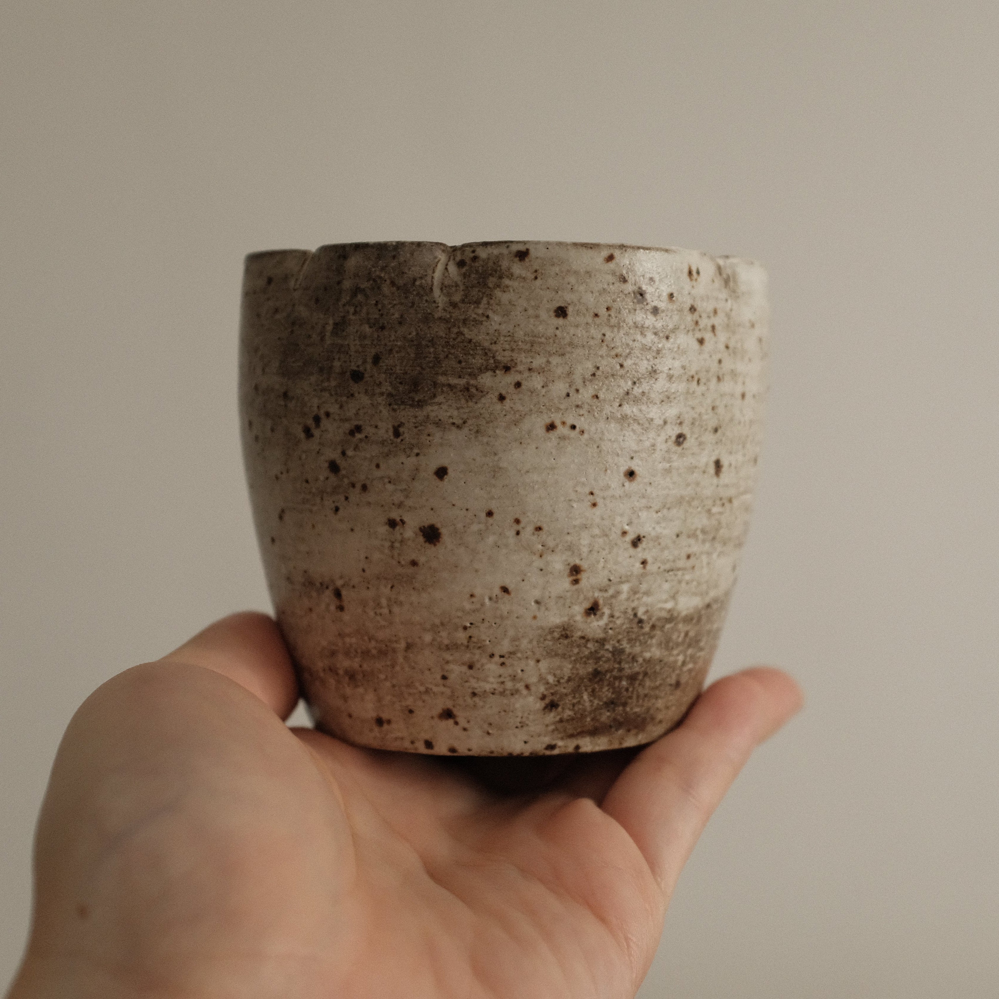 Yuli Handmade Speckled Grey Beige Floral Rim Choko Cup Powdered Glaze Underglazed Stoneware