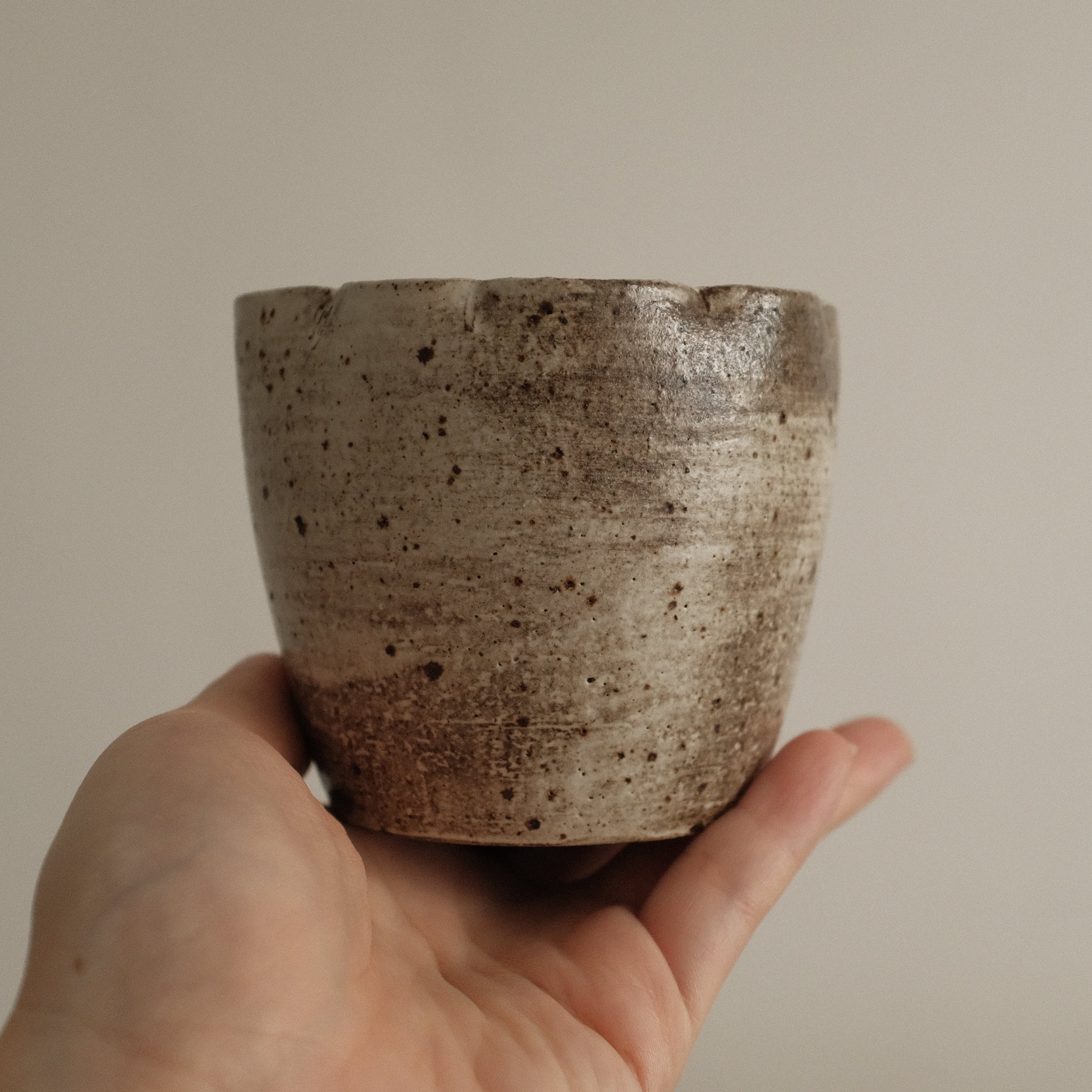 Yuli Handmade Speckled Grey Beige Floral Rim Choko Cup Powdered Glaze Underglazed Stoneware