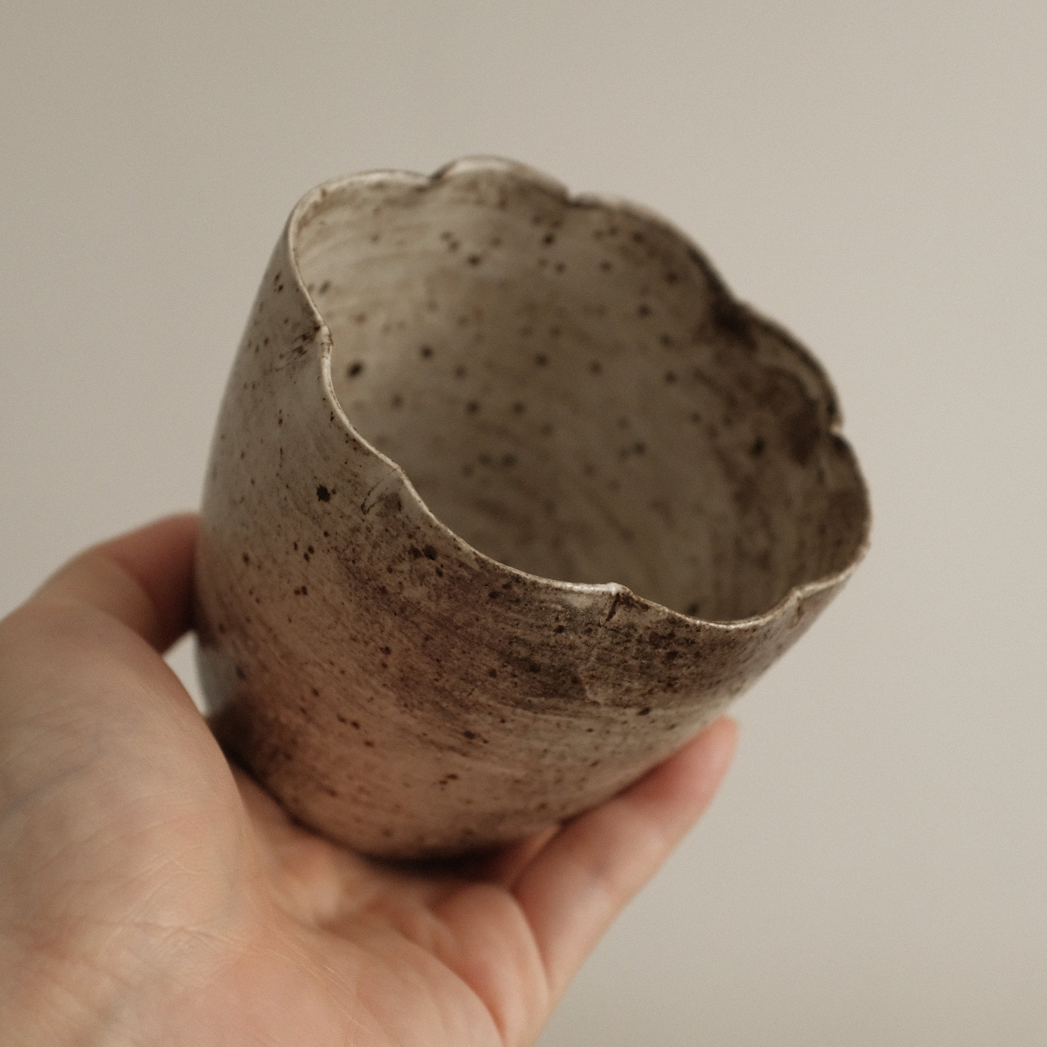 Yuli Handmade Speckled Grey Beige Floral Rim Choko Cup Powdered Glaze Underglazed Stoneware