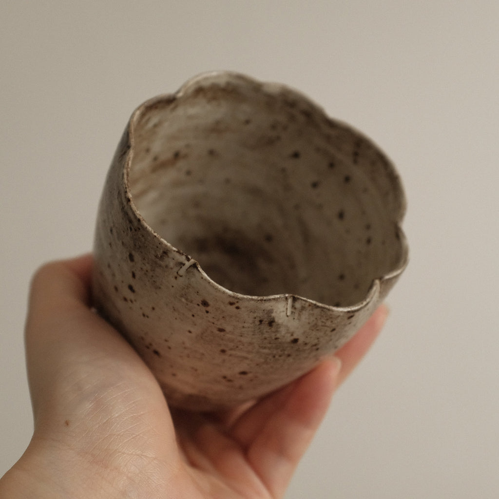 Yuli Handmade Speckled Grey Beige Floral Rim Choko Cup Powdered Glaze Underglazed Stoneware