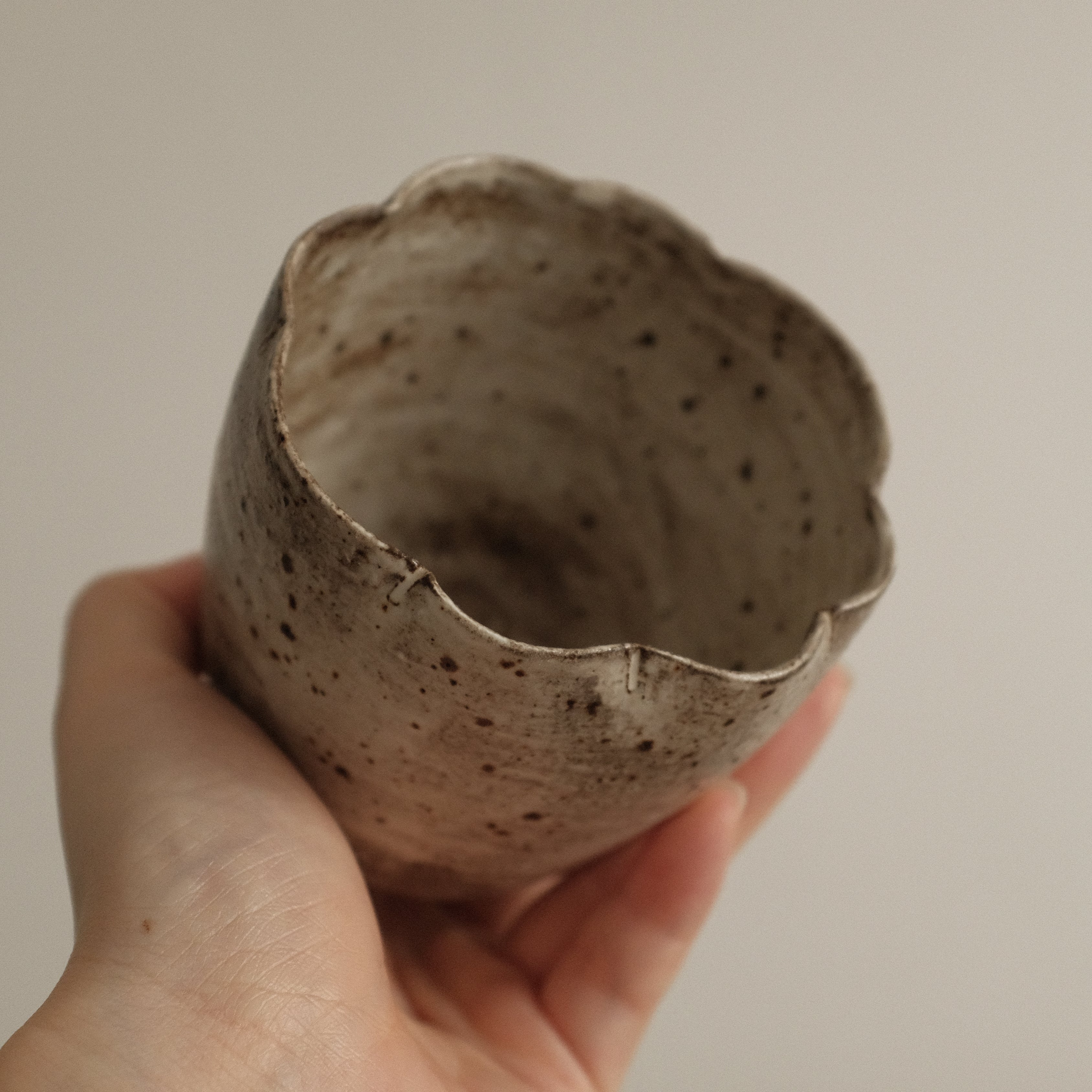 Yuli Handmade Speckled Grey Beige Floral Rim Choko Cup Powdered Glaze Underglazed Stoneware