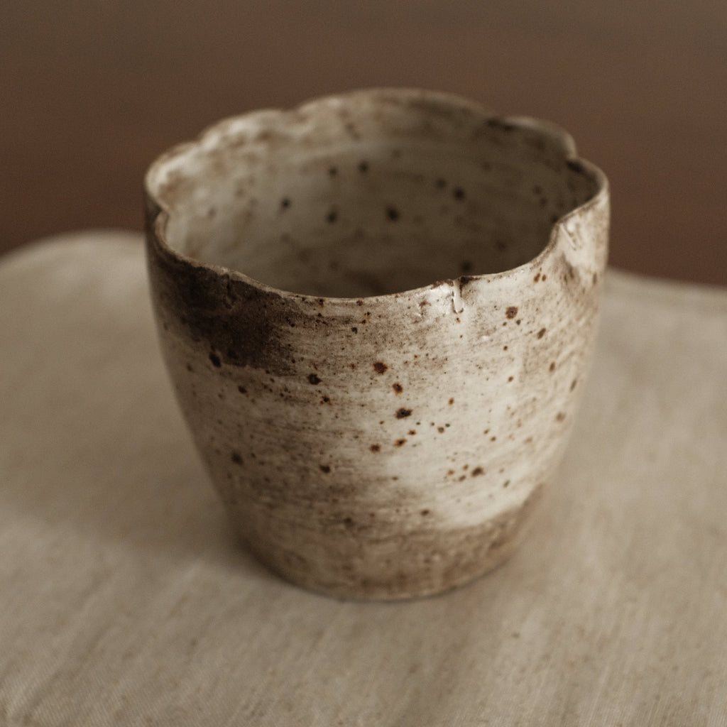 Yuli Handmade Speckled Grey Beige Floral Rim Choko Cup Powdered Glaze Underglazed Stoneware
