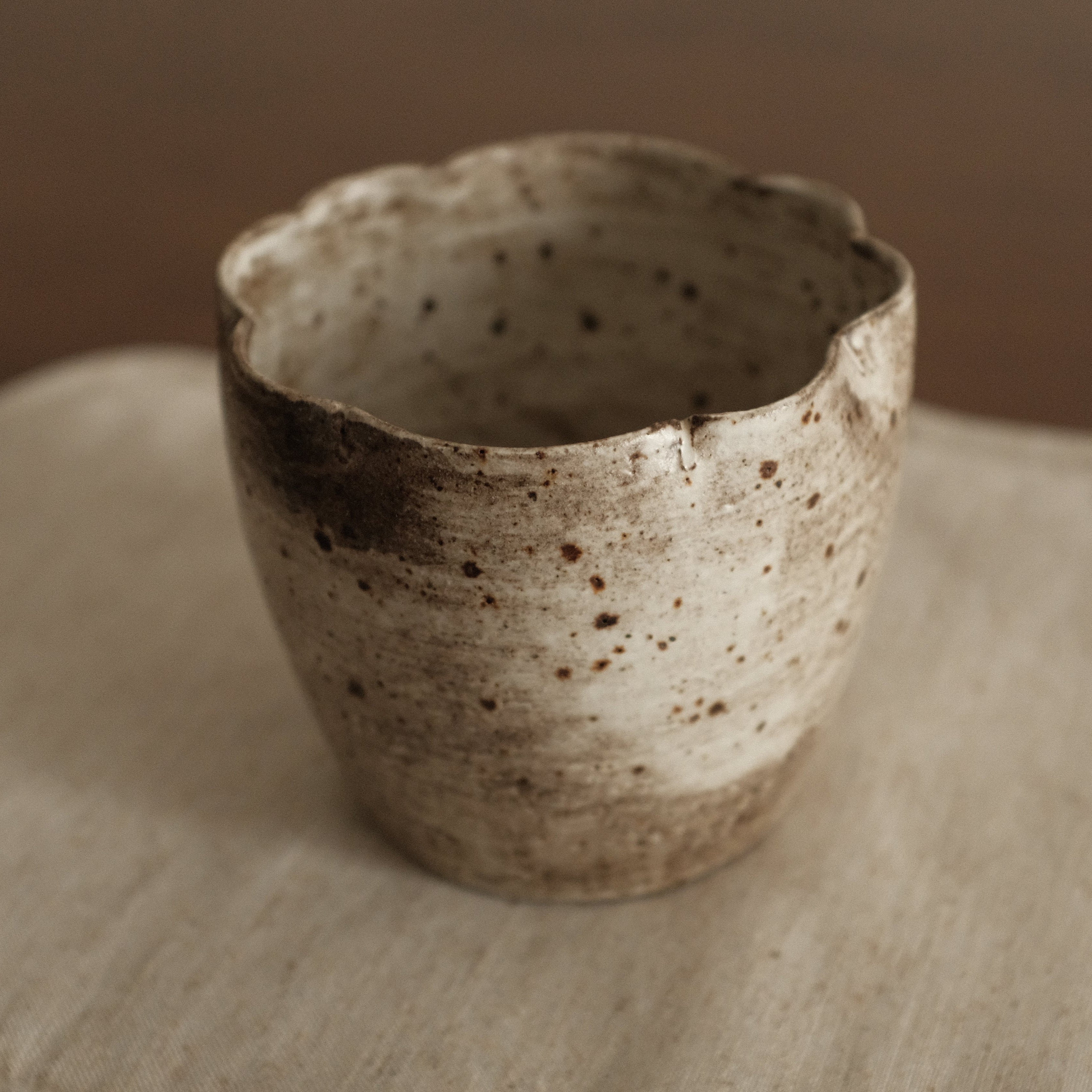 Yuli Handmade Speckled Grey Beige Floral Rim Choko Cup Powdered Glaze Underglazed Stoneware