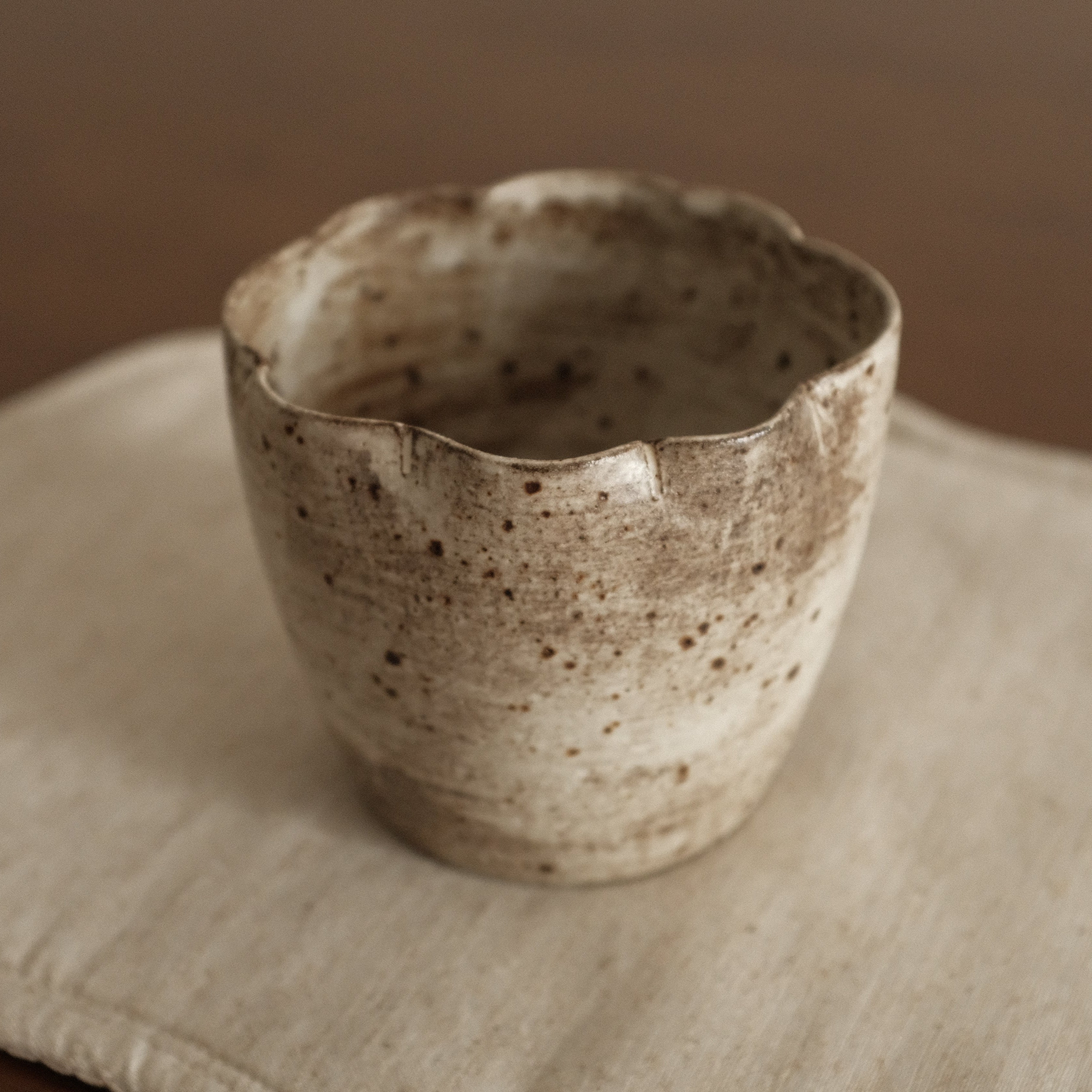Yuli Handmade Speckled Grey Beige Floral Rim Choko Cup Powdered Glaze Underglazed Stoneware