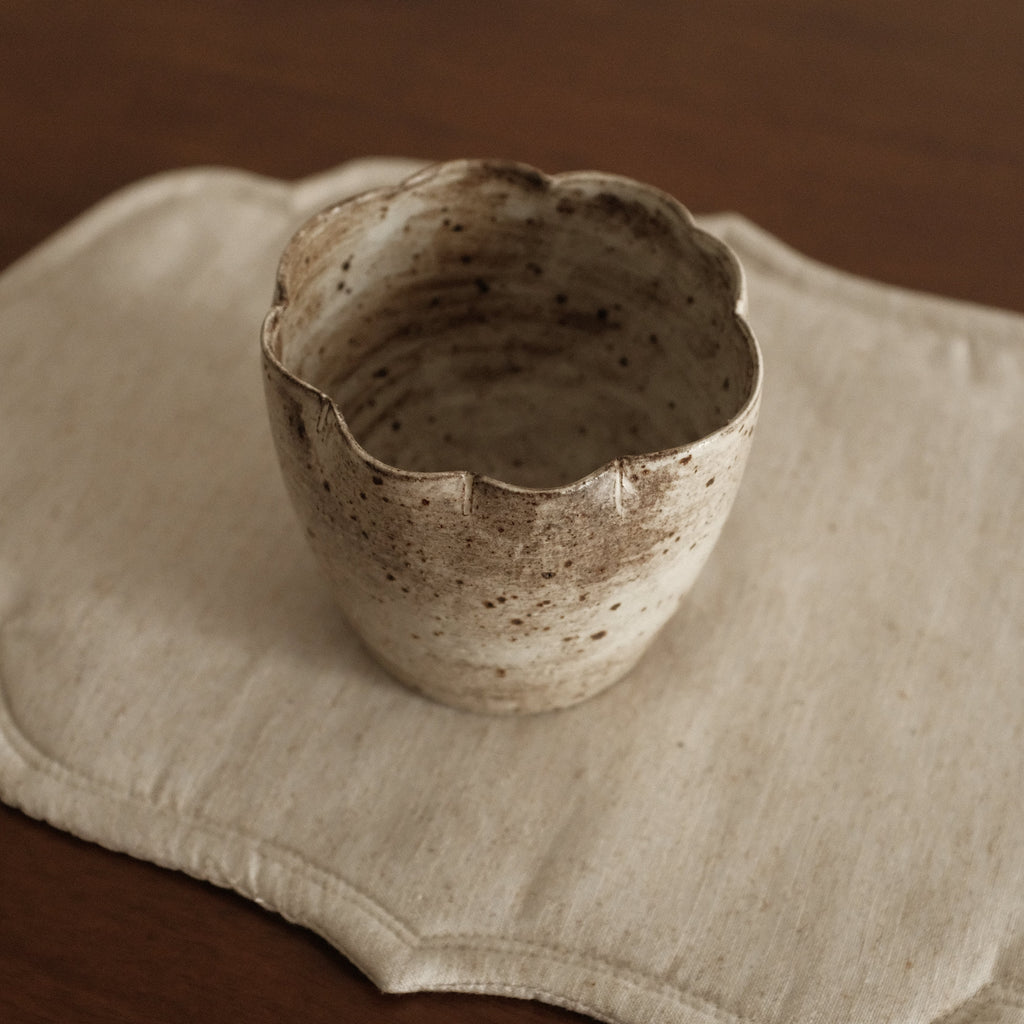 Yuli Handmade Speckled Grey Beige Floral Rim Choko Cup Powdered Glaze Underglazed Stoneware