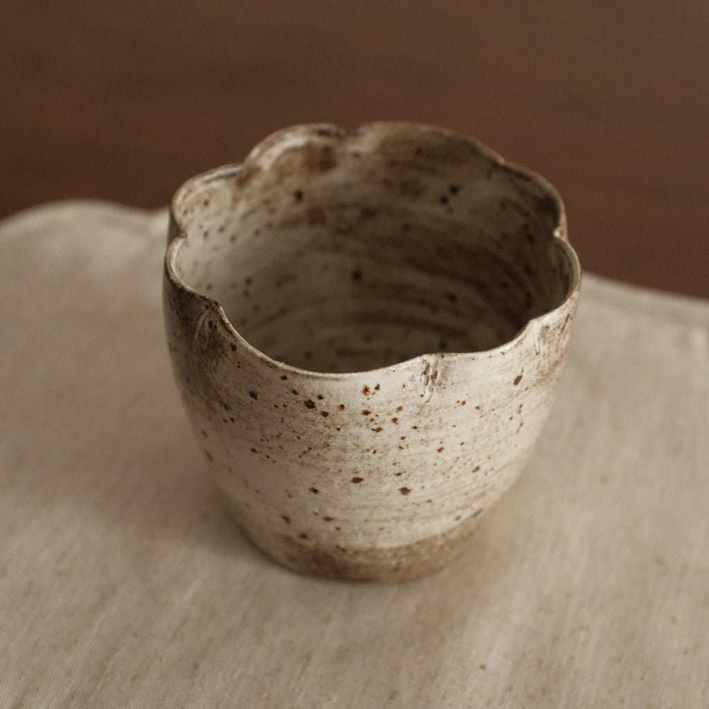 Yuli Speckled Grey Beige Handmade Floral Rim Choko Cup Powdered Glaze Underglazed Stoneware