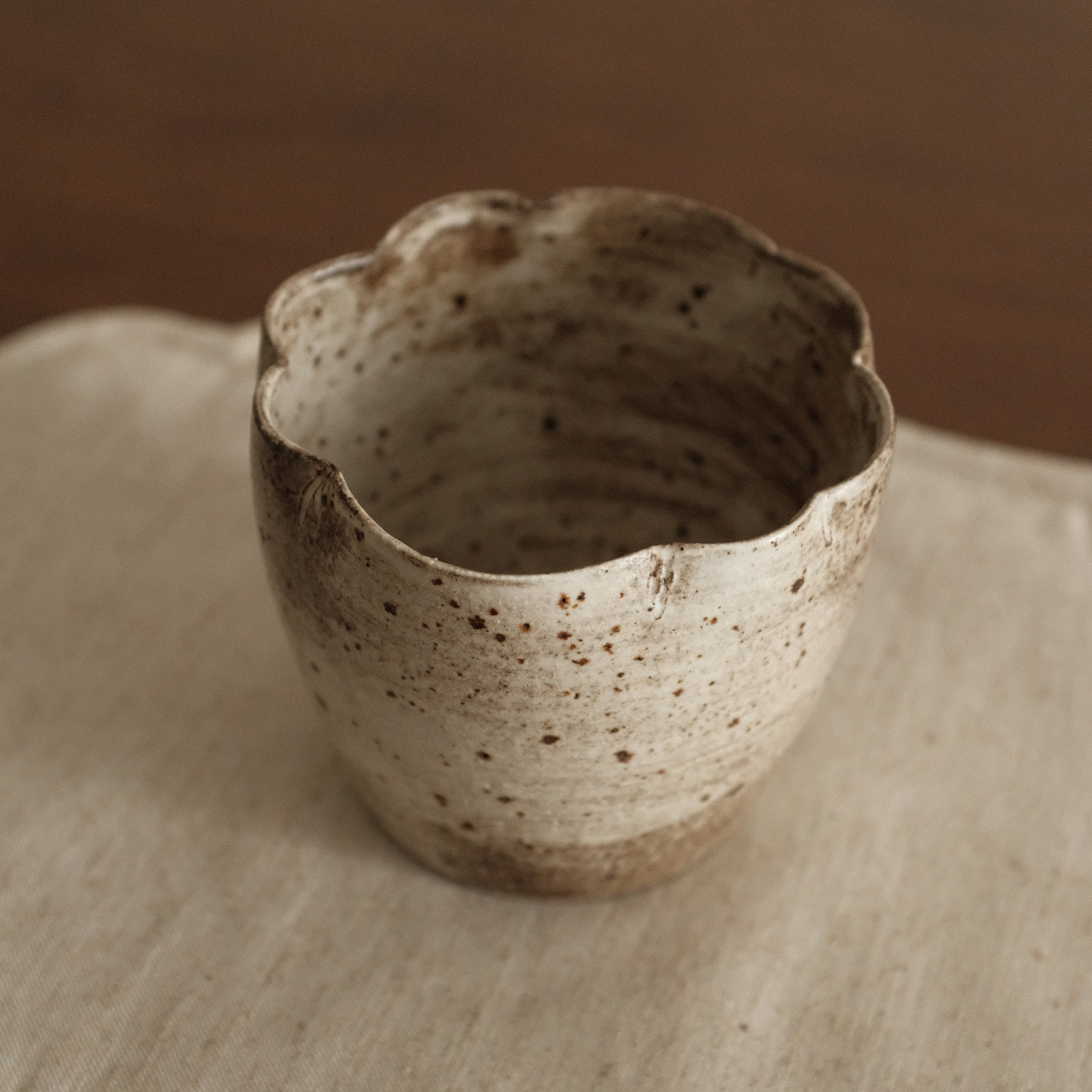 Yuli Speckled Grey Beige Handmade Floral Rim Choko Cup Powdered Glaze Underglazed Stoneware