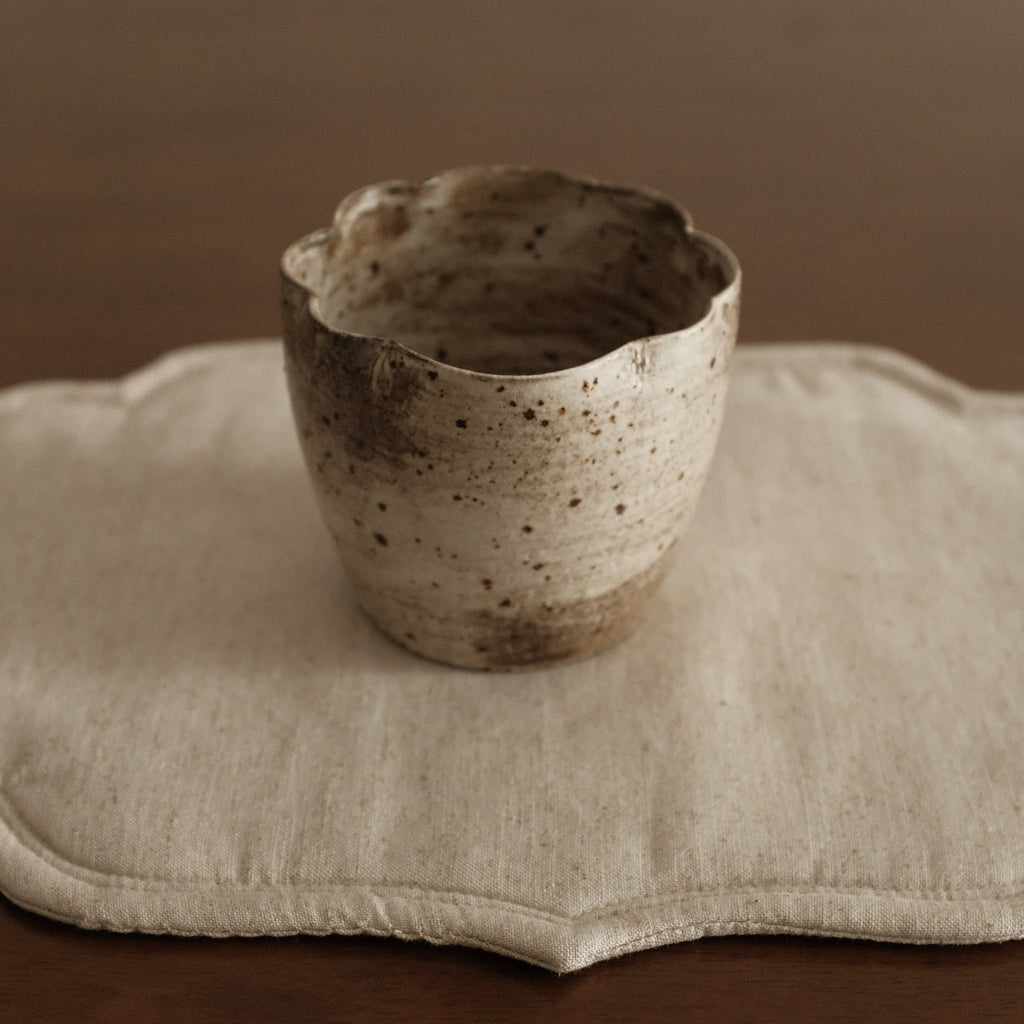 Yuli Handmade Speckled Grey Beige Floral Rim Choko Cup Powdered Glaze Underglazed Stoneware