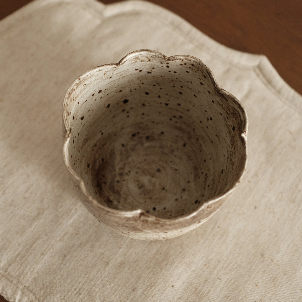 Yuli Handmade Speckled Grey Beige Floral Rim Choko Cup Powdered Glaze Underglazed Stoneware