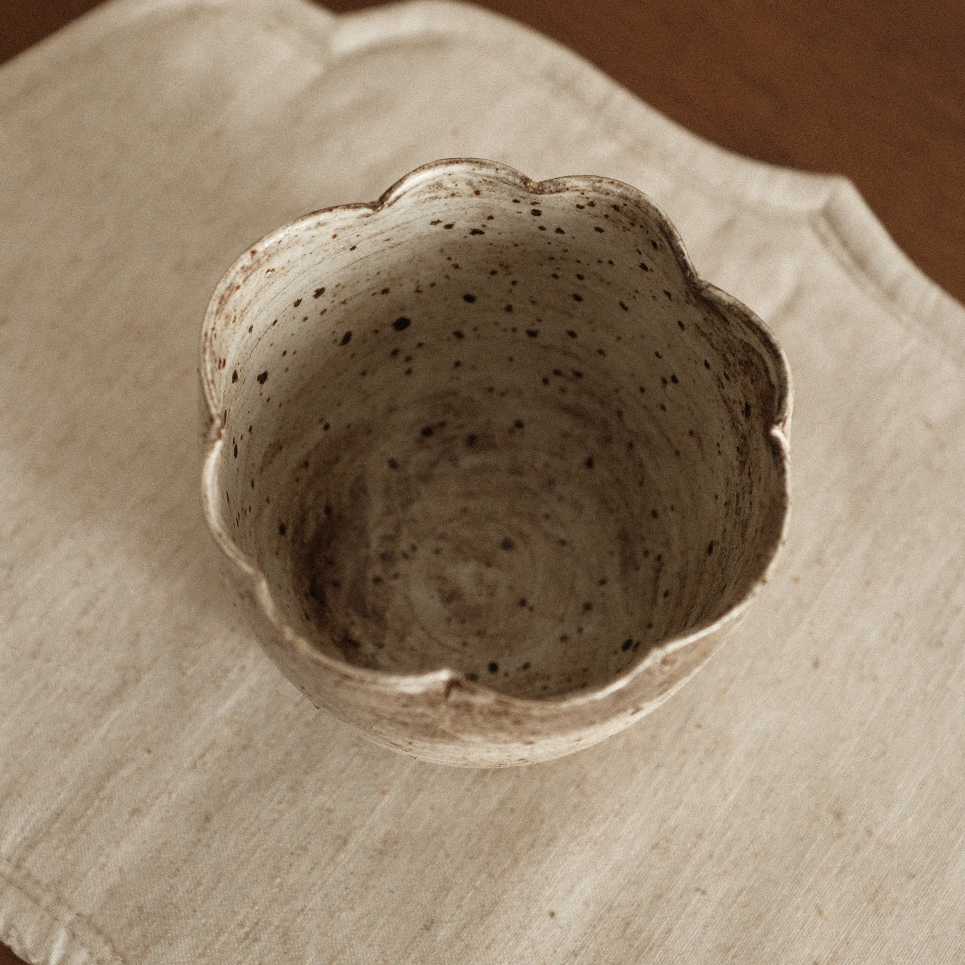 Yuli Handmade Speckled Grey Beige Floral Rim Choko Cup Powdered Glaze Underglazed Stoneware