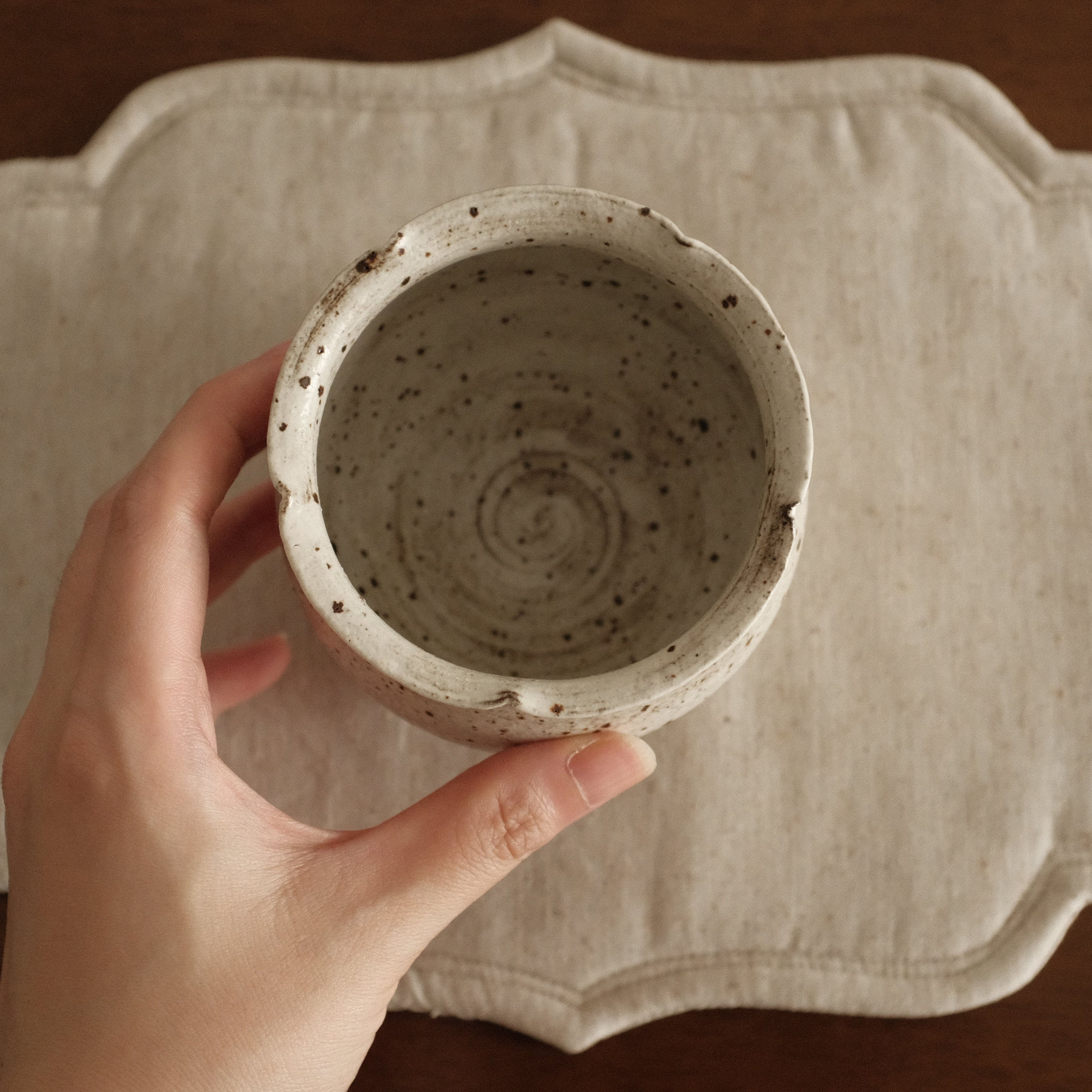 Yuli Sesame Grey Handmade Floral Rim Cup Powdered Glaze Underglazed Stoneware