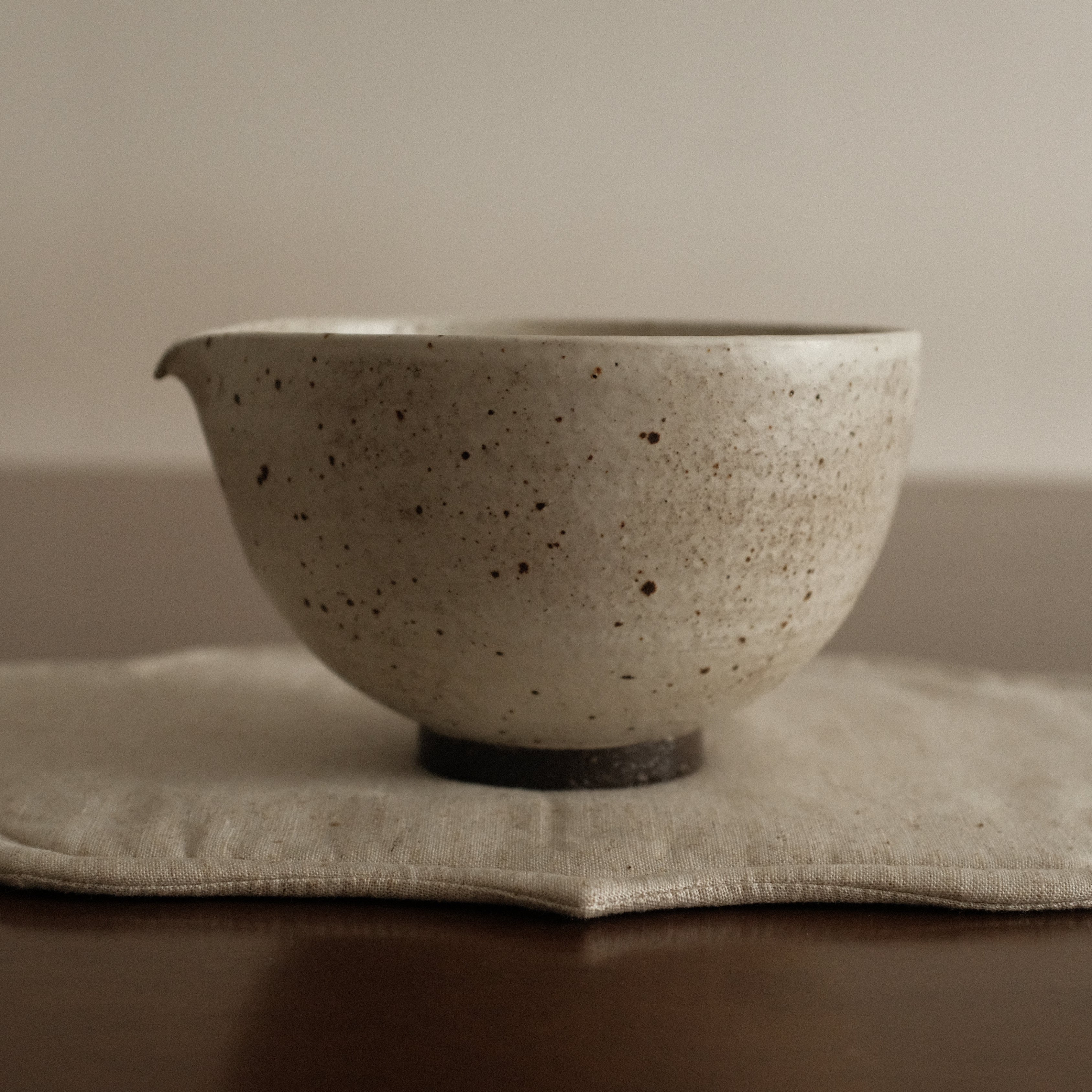 Yuli Handmade Speckled Grey White Katakuchi Matcha Bowl Powdered Glaze Underglazed Stoneware