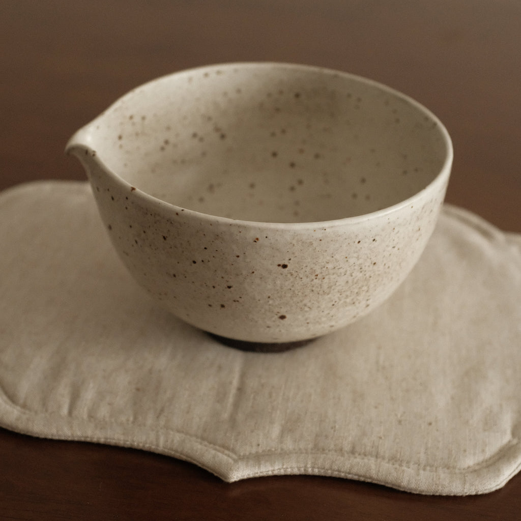 Yuli Handmade Speckled Grey White Katakuchi Matcha Bowl Powdered Glaze Underglazed Stoneware