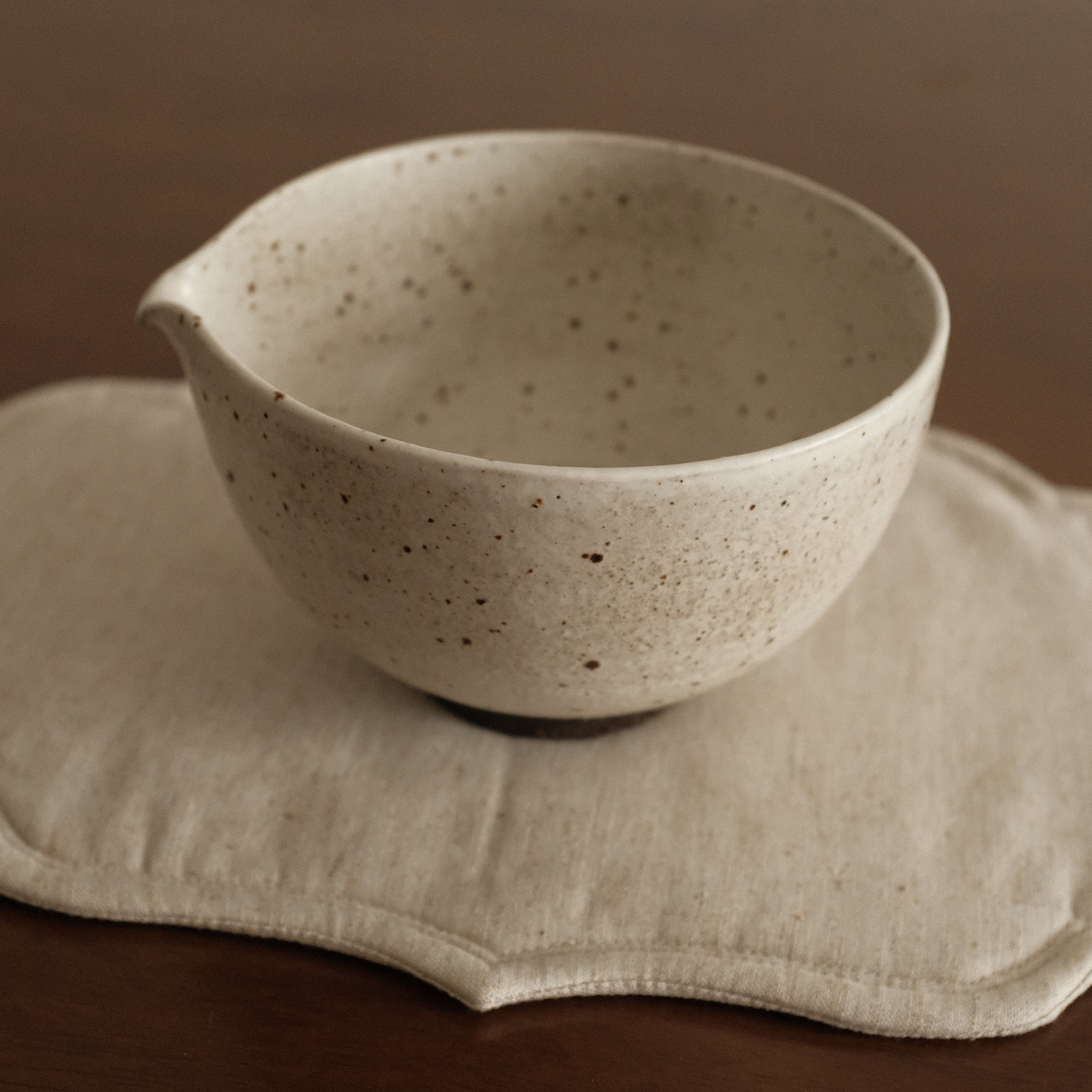 Yuli Handmade Speckled Grey White Katakuchi Matcha Bowl Powdered Glaze Underglazed Stoneware