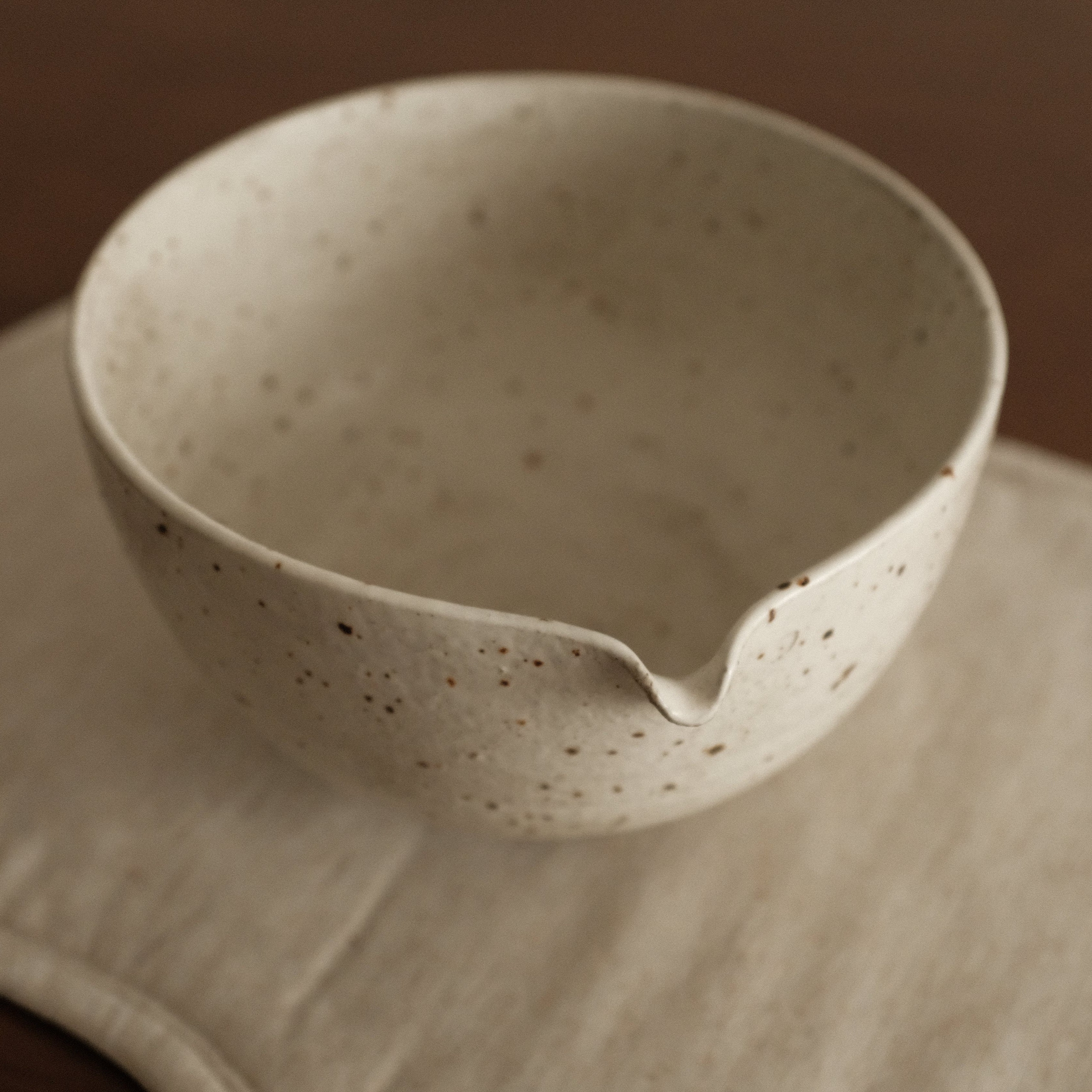 Yuli Speckled Grey White Handmade Katakuchi Matcha Bowl Powdered Glaze Underglazed Stoneware