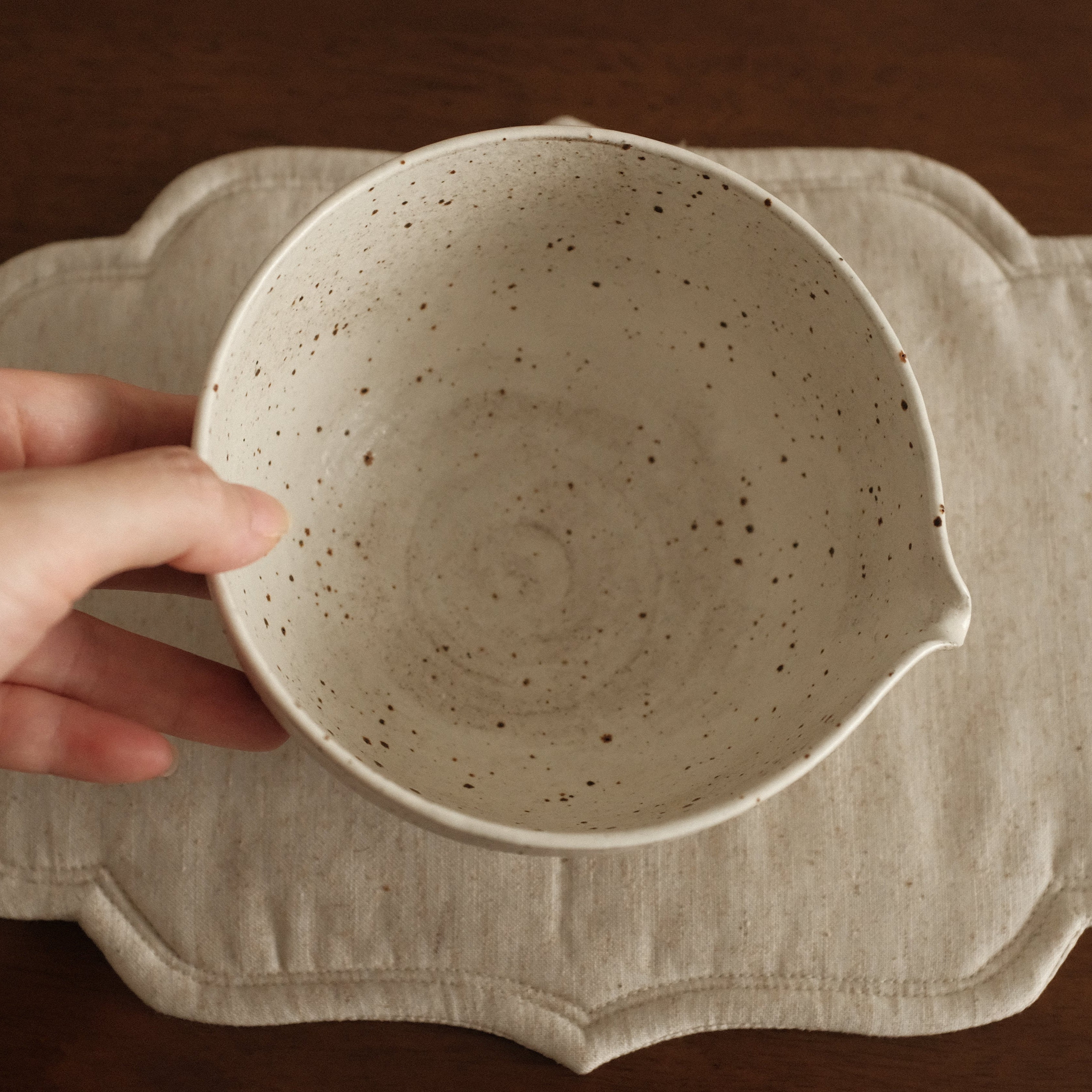 Yuli Speckled Grey White Handmade Katakuchi Matcha Bowl Powdered Glaze Underglazed Stoneware