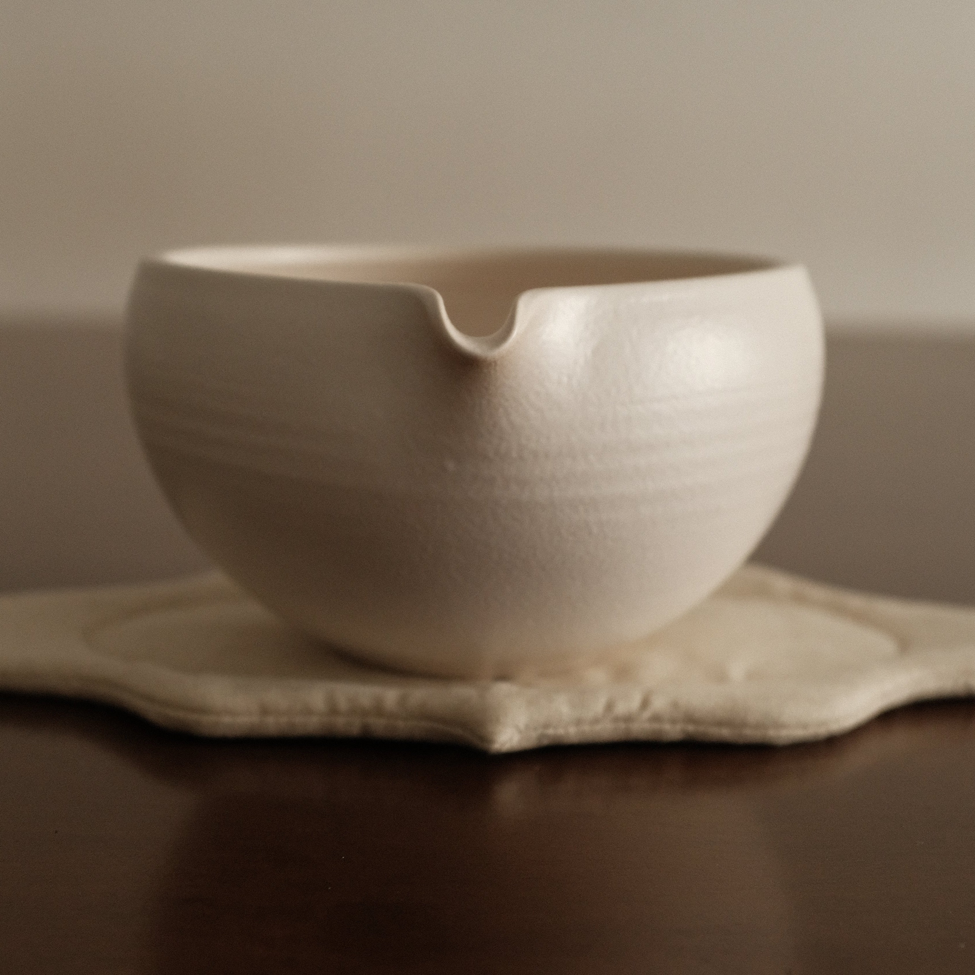 Yuli Handmade Matte Snow White Katakuchi Matcha Bowl Powdered Glaze Underglazed Stoneware