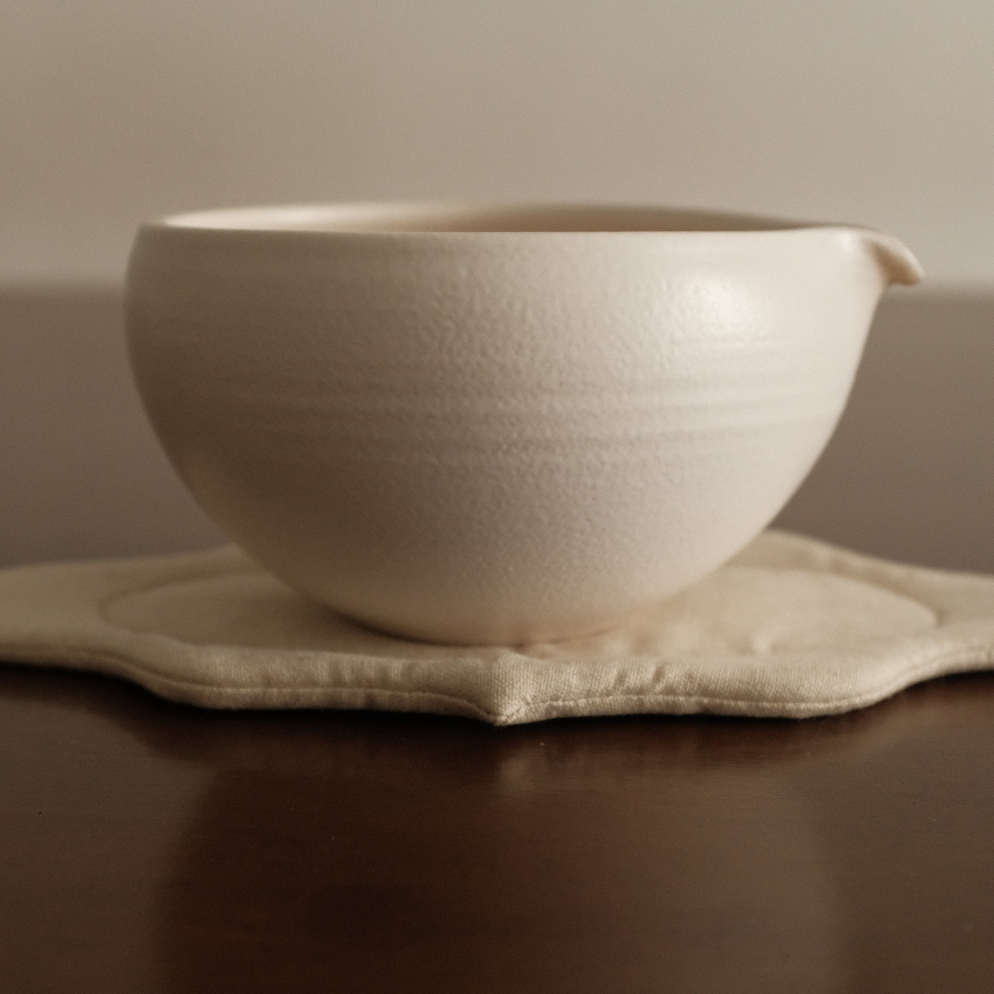 Yuli Handmade Matte Snow White Katakuchi Matcha Bowl Powdered Glaze Underglazed Stoneware