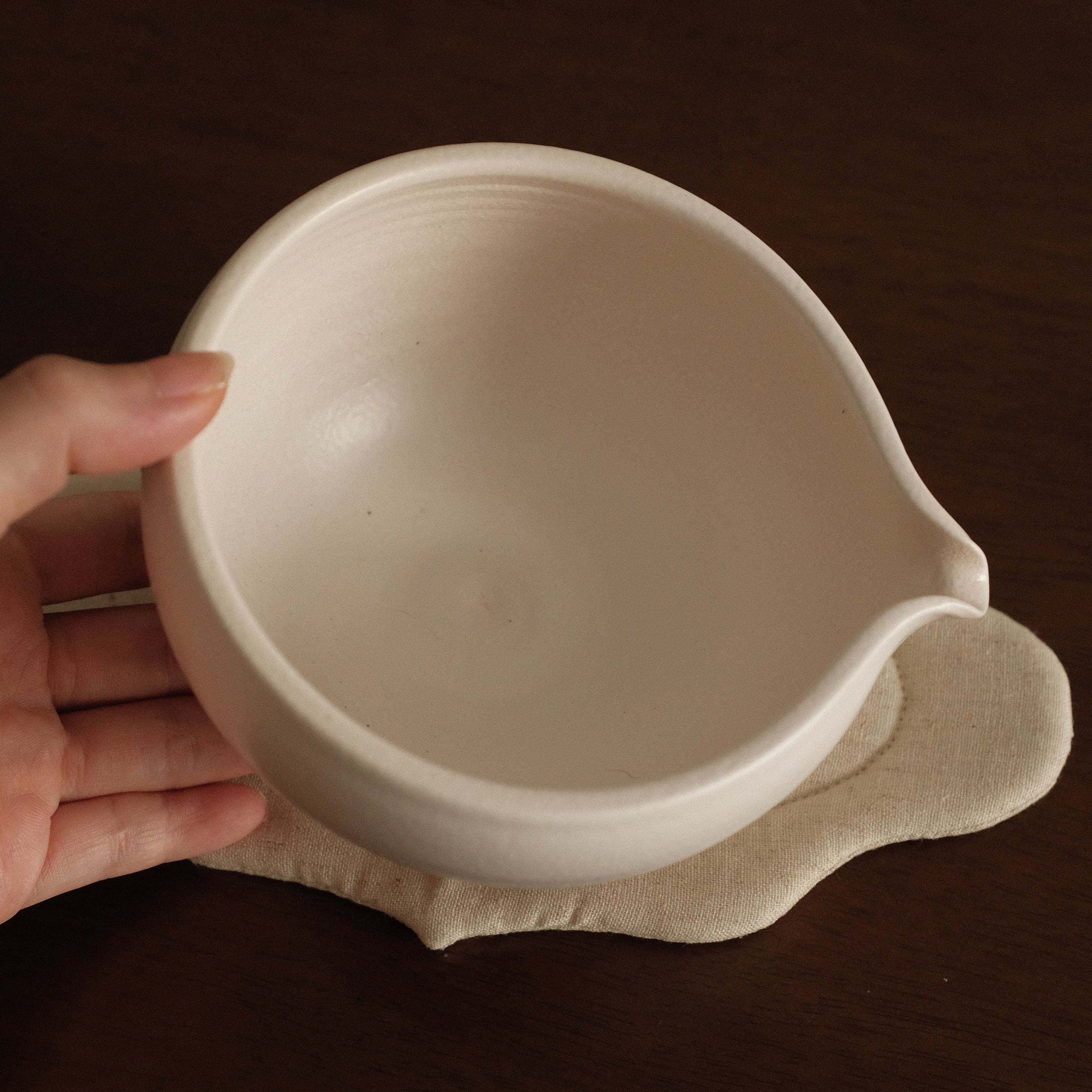 Yuli Handmade Matte Snow White Katakuchi Matcha Bowl Powdered Glaze Underglazed Stoneware