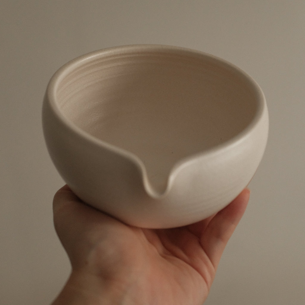 Yuli Handmade Matte Snow White Katakuchi Matcha Bowl Powdered Glaze Underglazed Stoneware