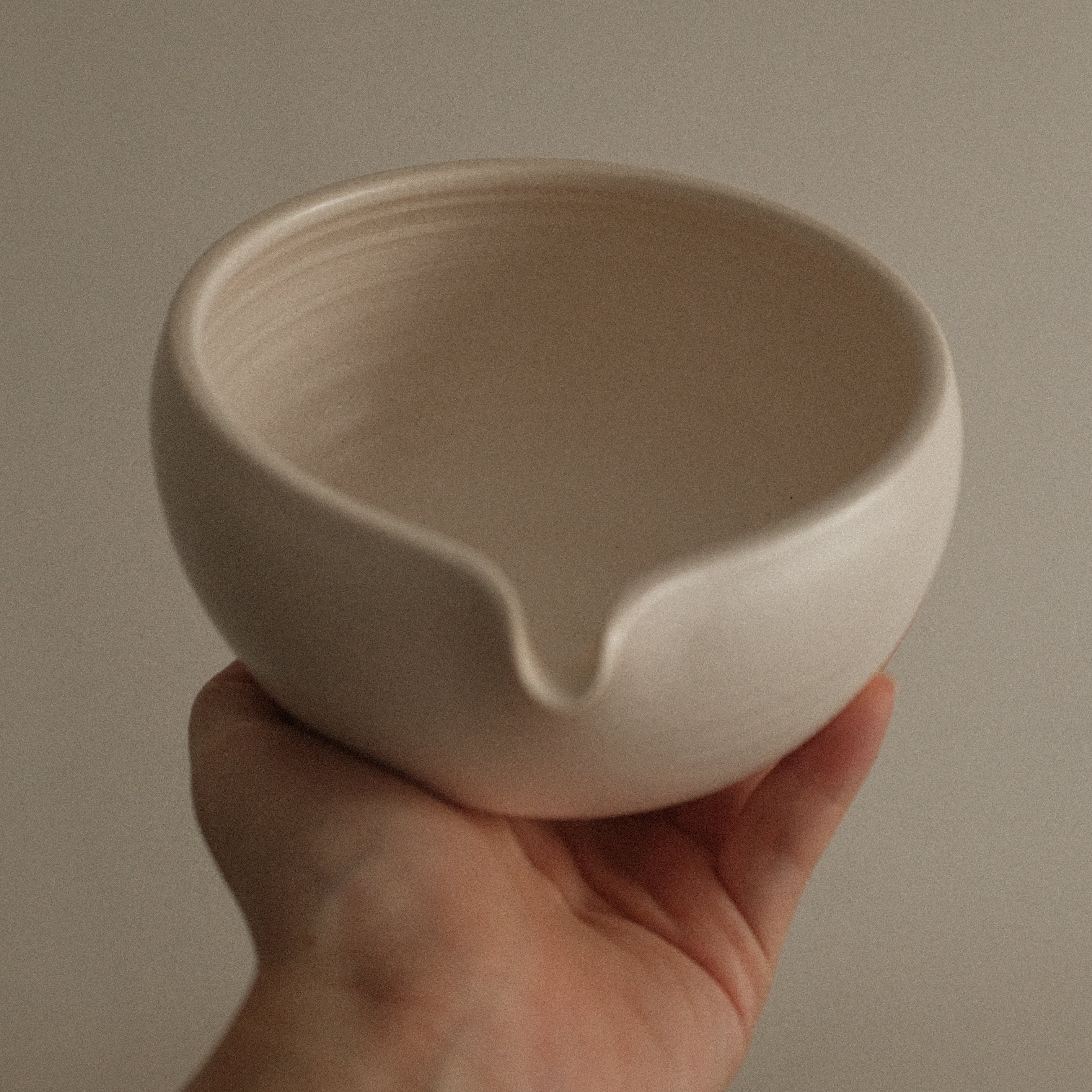 Yuli Handmade Matte Snow White Katakuchi Matcha Bowl Powdered Glaze Underglazed Stoneware