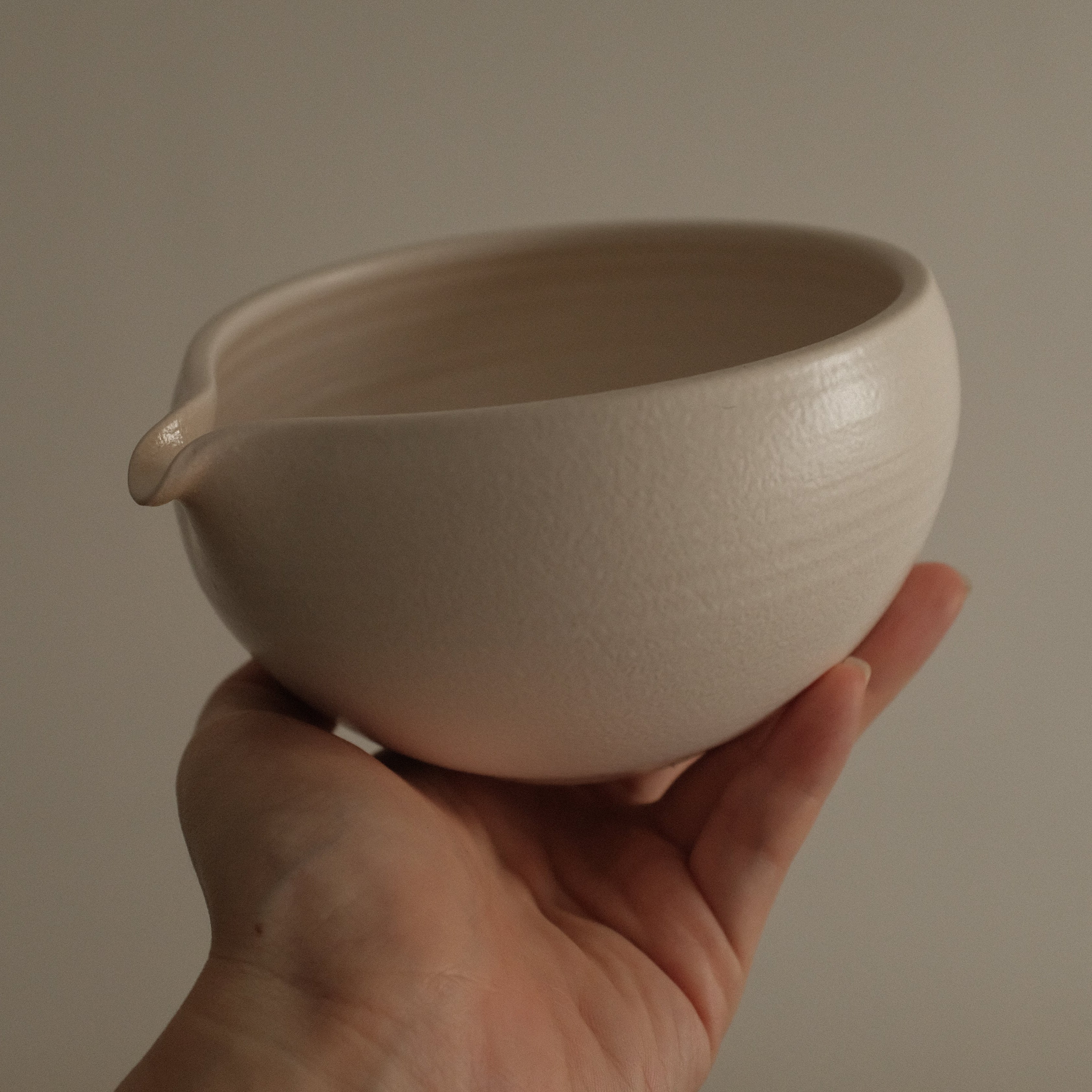 Yuli Handmade Matte Snow White Katakuchi Matcha Bowl Powdered Glaze Underglazed Stoneware