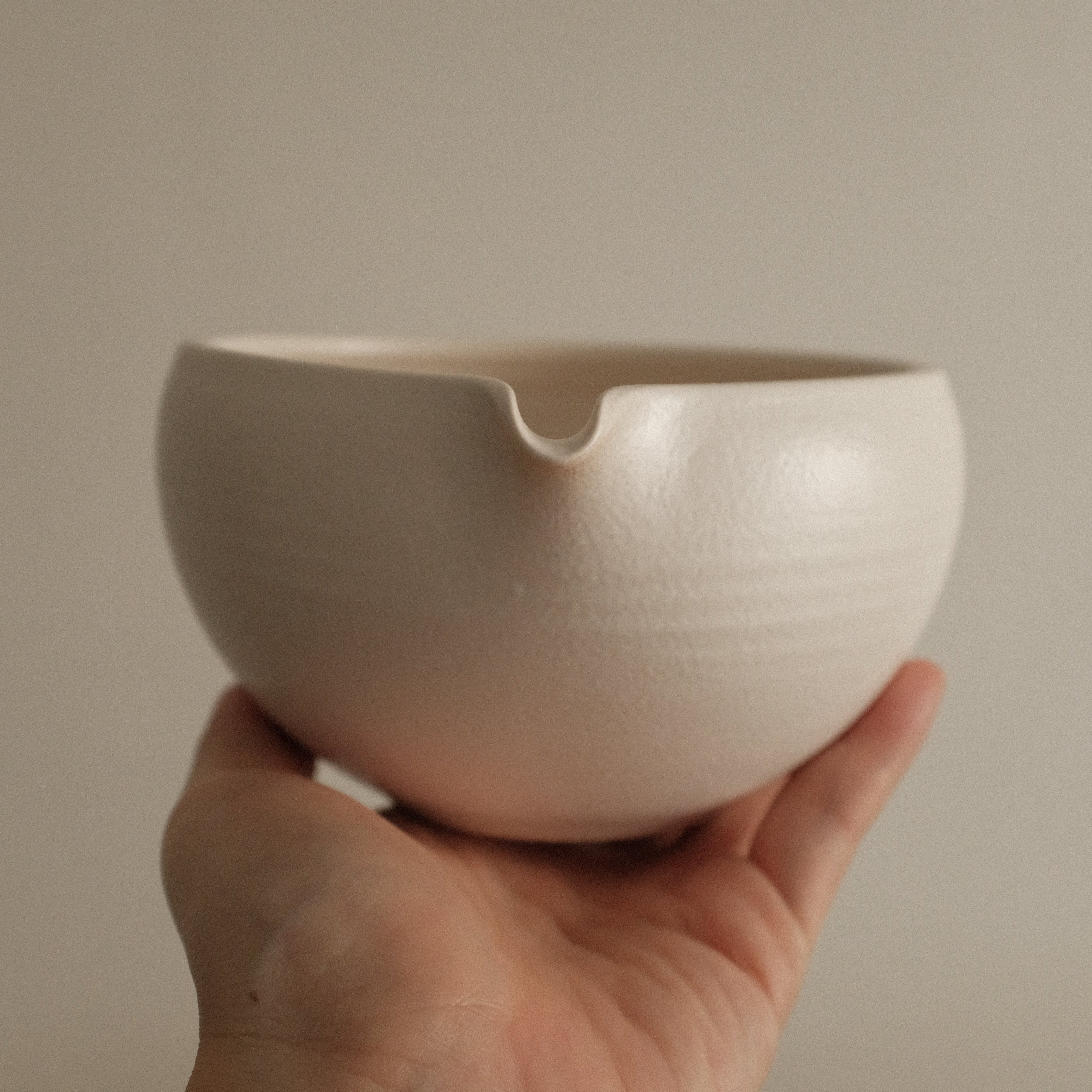 Yuli Handmade Matte Snow White Katakuchi Matcha Bowl Powdered Glaze Underglazed Stoneware