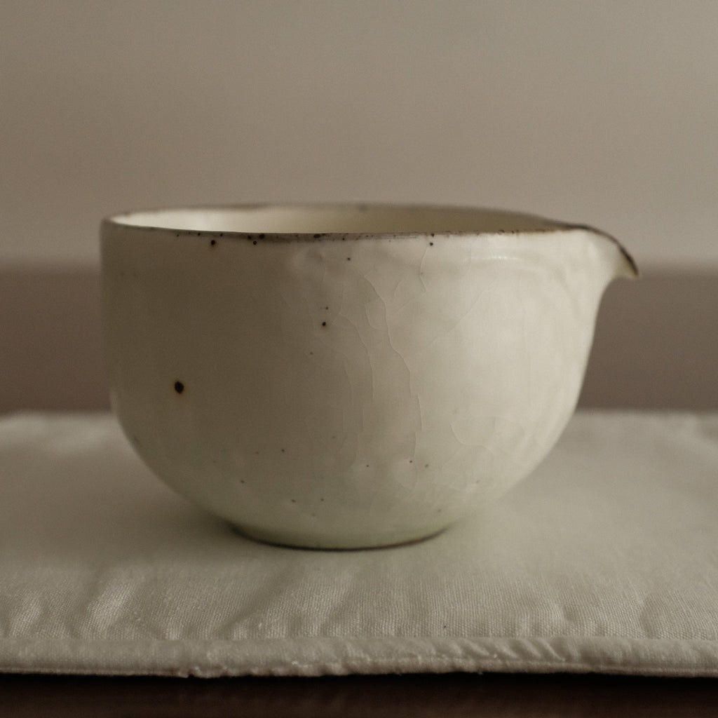 u Ming Handmade Matte White Green Undertones Katakuchi Matcha Bowl Powdered Glaze Stoneware