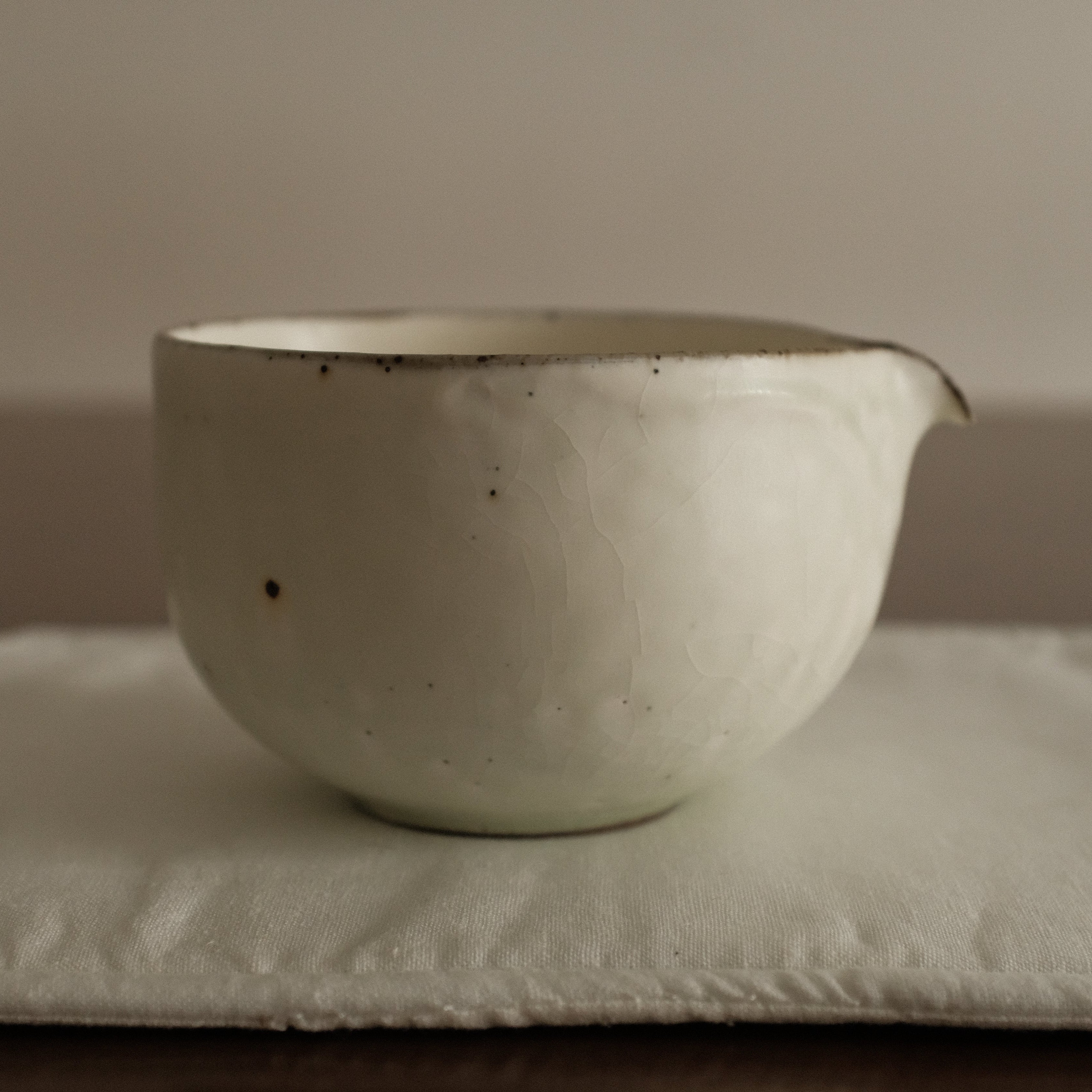 u Ming Handmade Matte White Green Undertones Katakuchi Matcha Bowl Powdered Glaze Stoneware