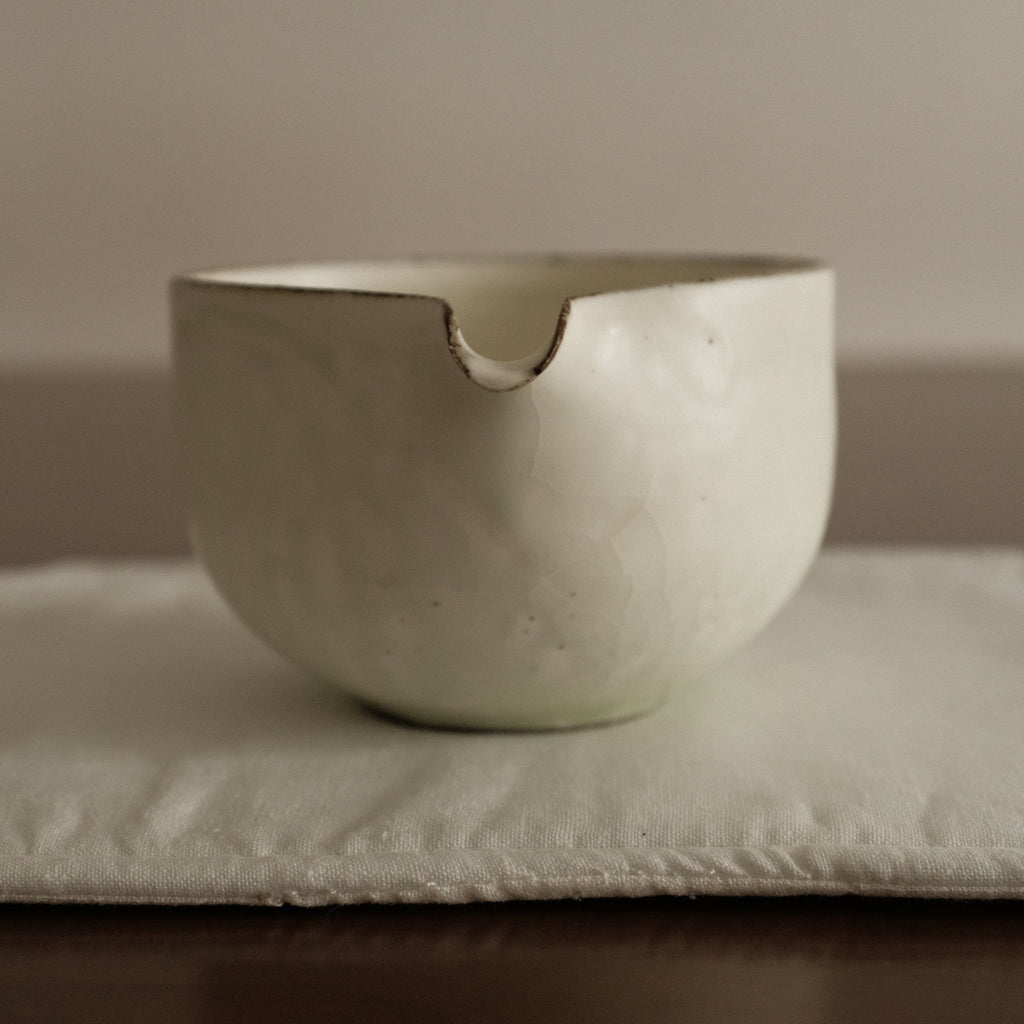 u Ming Handmade Matte White Green Undertones Katakuchi Matcha Bowl Powdered Glaze Stoneware