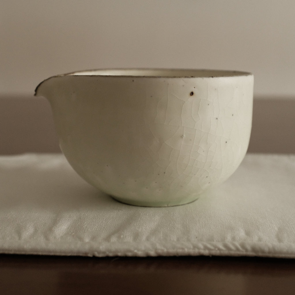 u Ming Handmade Matte White Green Undertones Katakuchi Matcha Bowl Powdered Glaze Stoneware