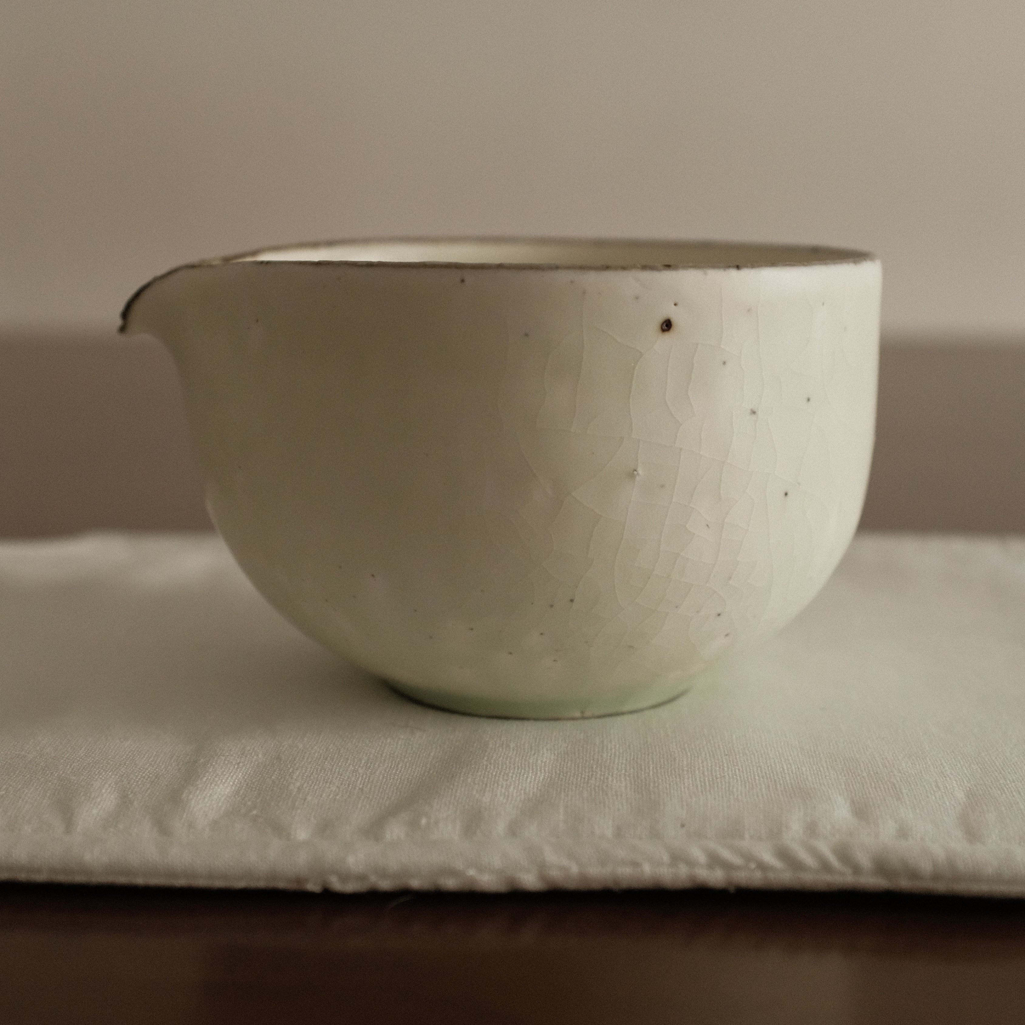 u Ming Handmade Matte White Green Undertones Katakuchi Matcha Bowl Powdered Glaze Stoneware