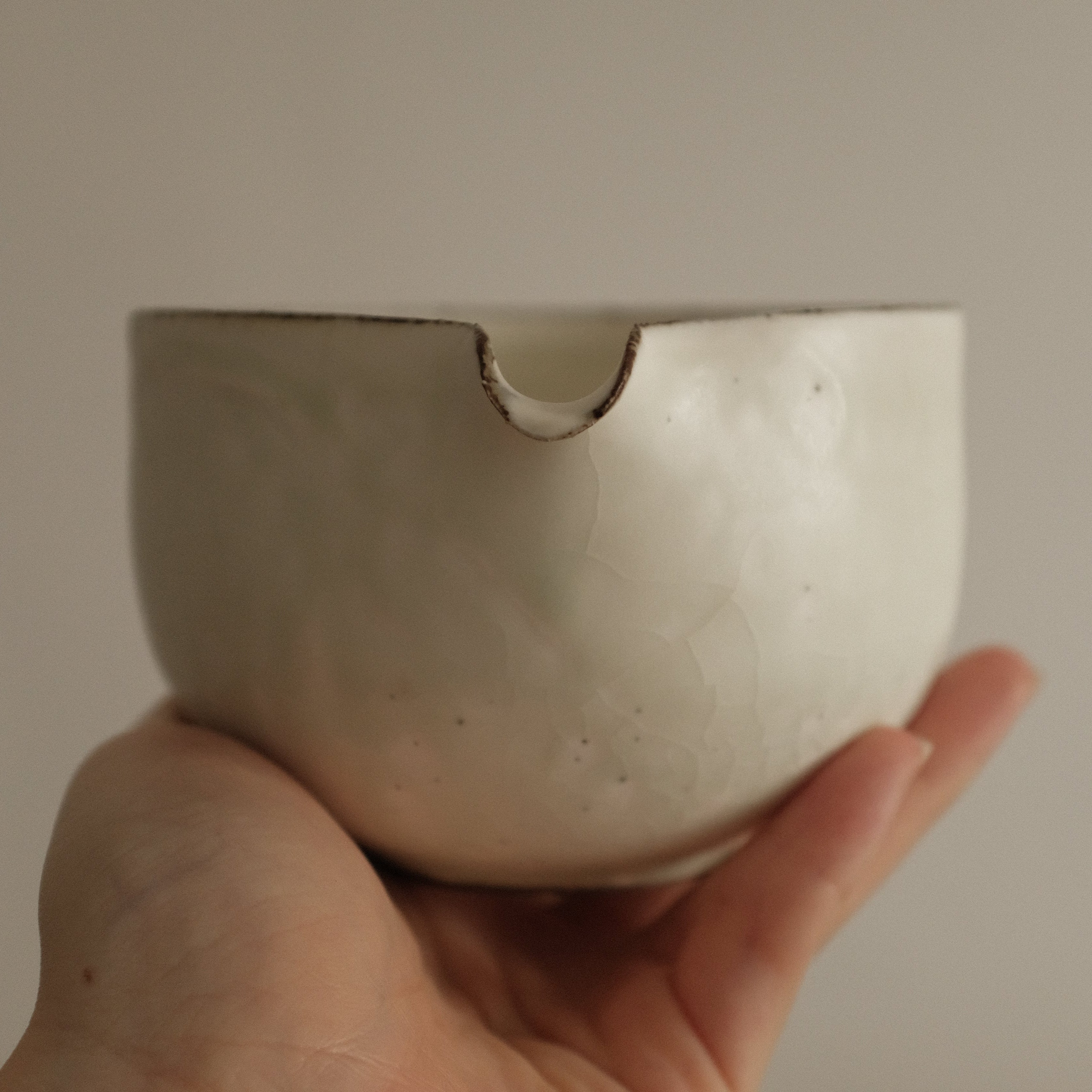 Yu Ming Handmade Matte White Green Undertones Katakuchi Matcha Bowl Powdered Glaze Stoneware