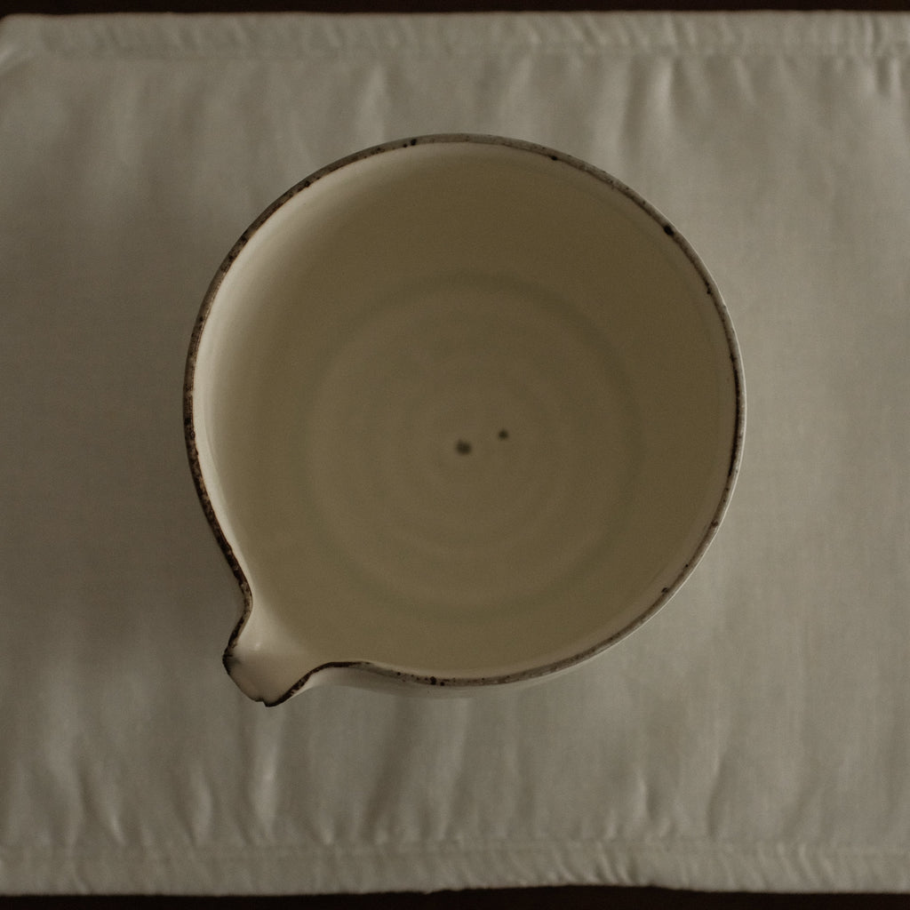 Yu Ming Handmade Matte White Green Undertones Katakuchi Matcha Bowl Powdered Glaze Stoneware