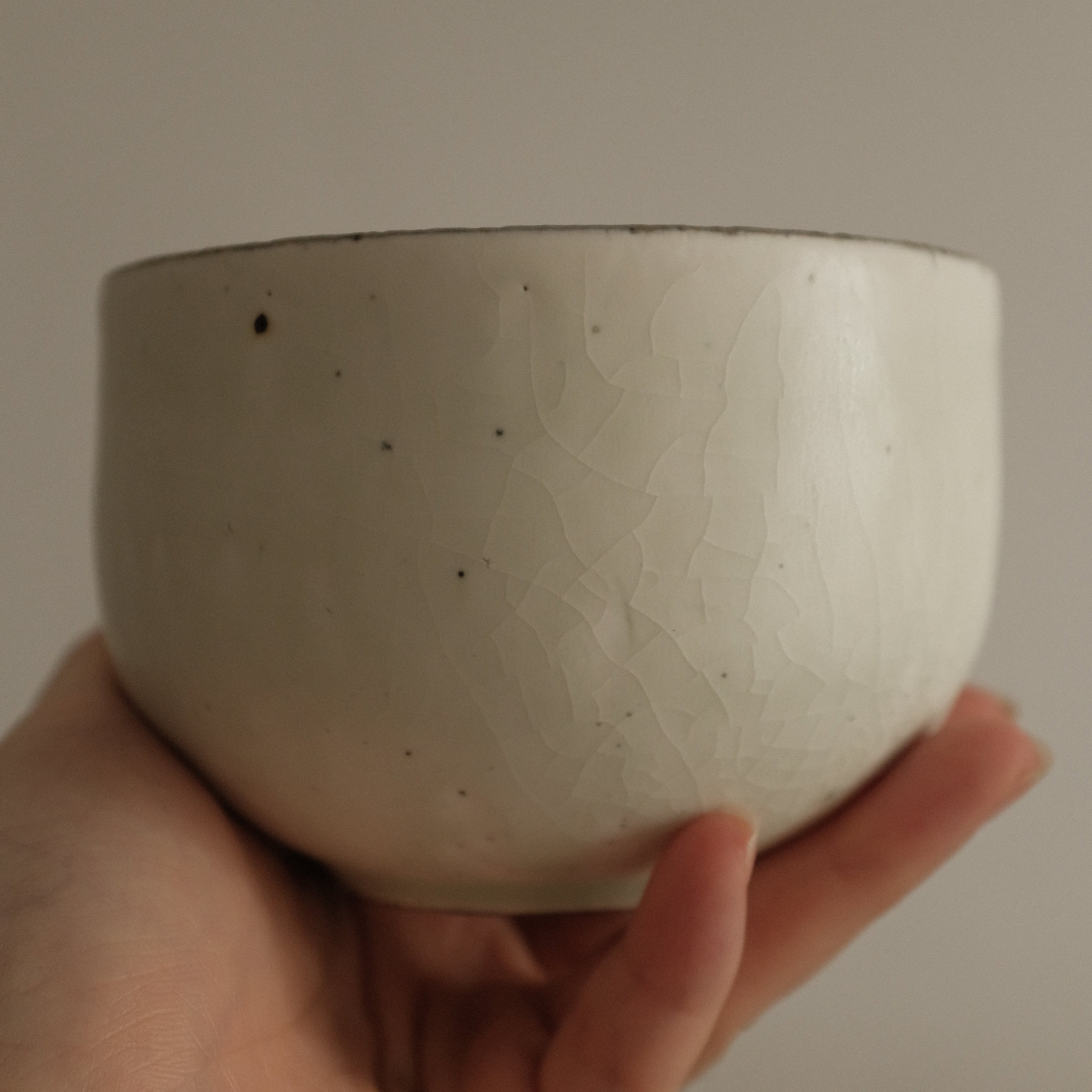Yu Ming Handmade Matte White Green Undertones Katakuchi Matcha Bowl Powdered Glaze Stoneware