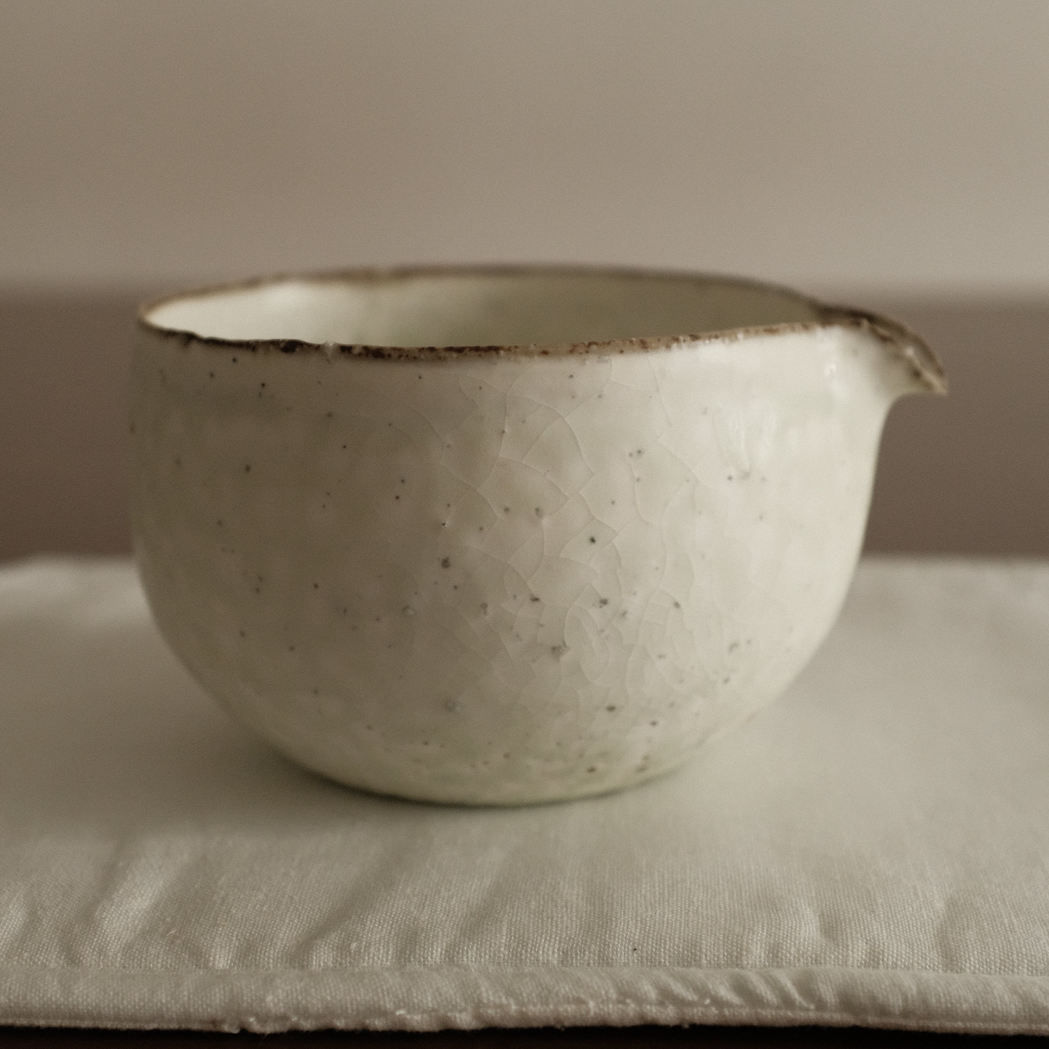 Yu Ming Handmade Matte White Green Undertones Katakuchi Matcha Bowl Powdered Glaze Stoneware 400 ml