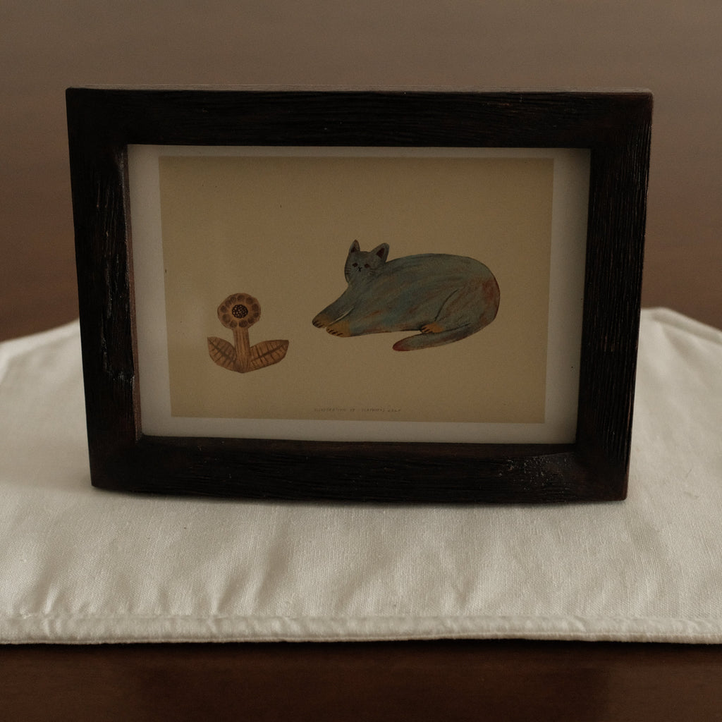 Petites Histoires Vintage Aged Teak Wood Photo Frame Blue Cat with Yellow Sunflower