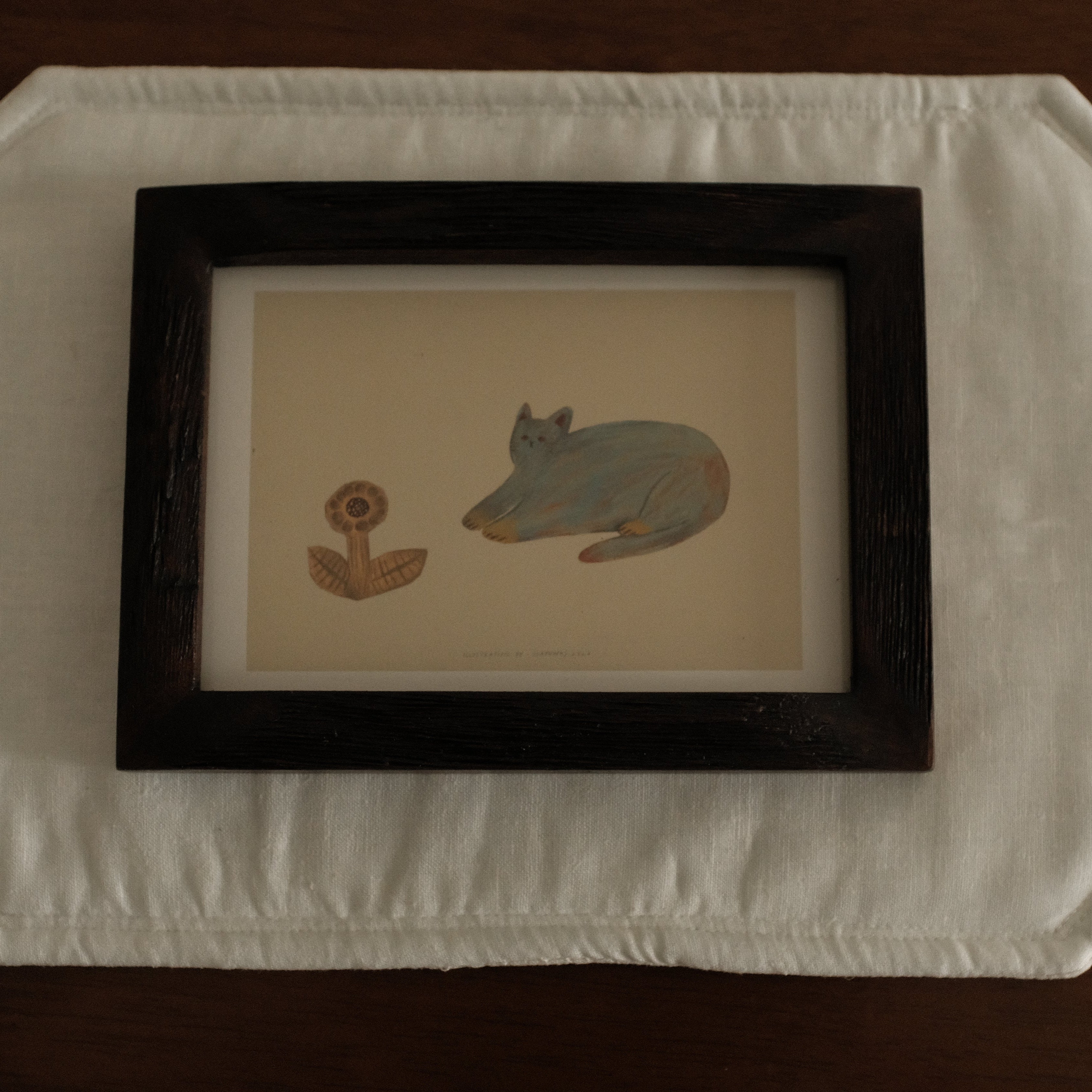 Petites Histoires Vintage Aged Teak Wood Photo Frame Blue Cat with Yellow Sunflower