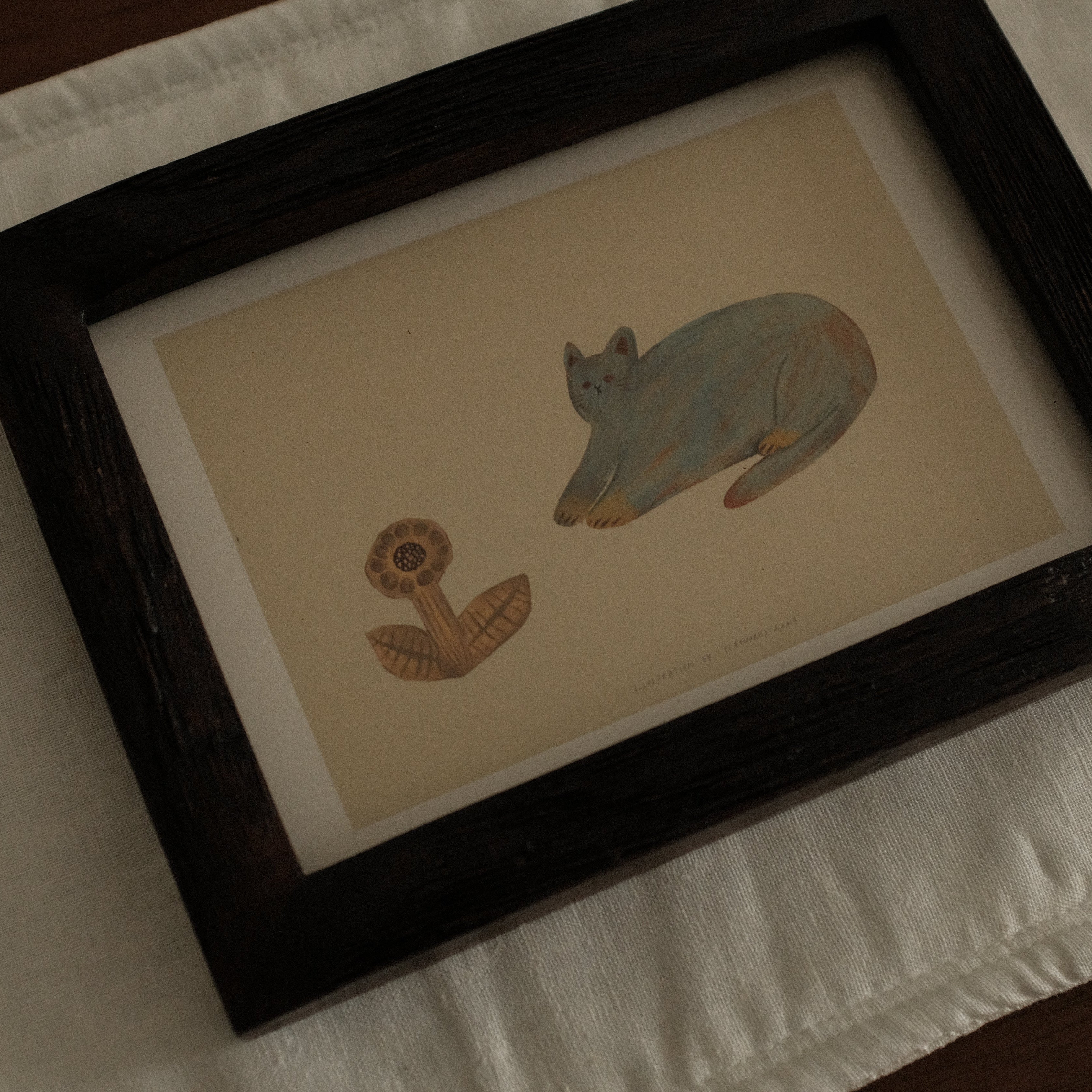 Petites Histoires Vintage Aged Teak Wood Photo Frame Blue Cat with Yellow Sunflower