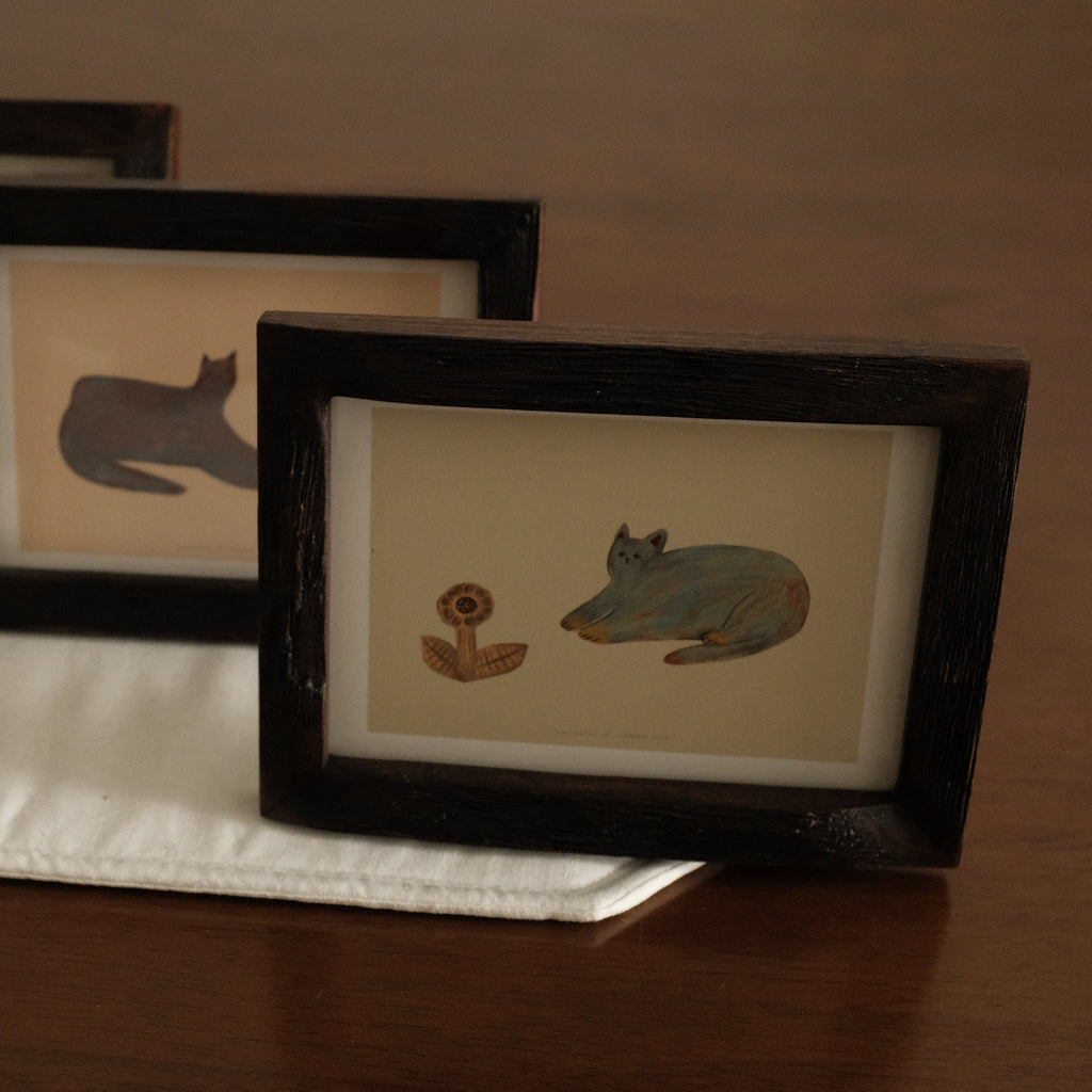 Petites Histoires Vintage Aged Teak Wood Photo Frame Blue Cat with Yellow Sunflower