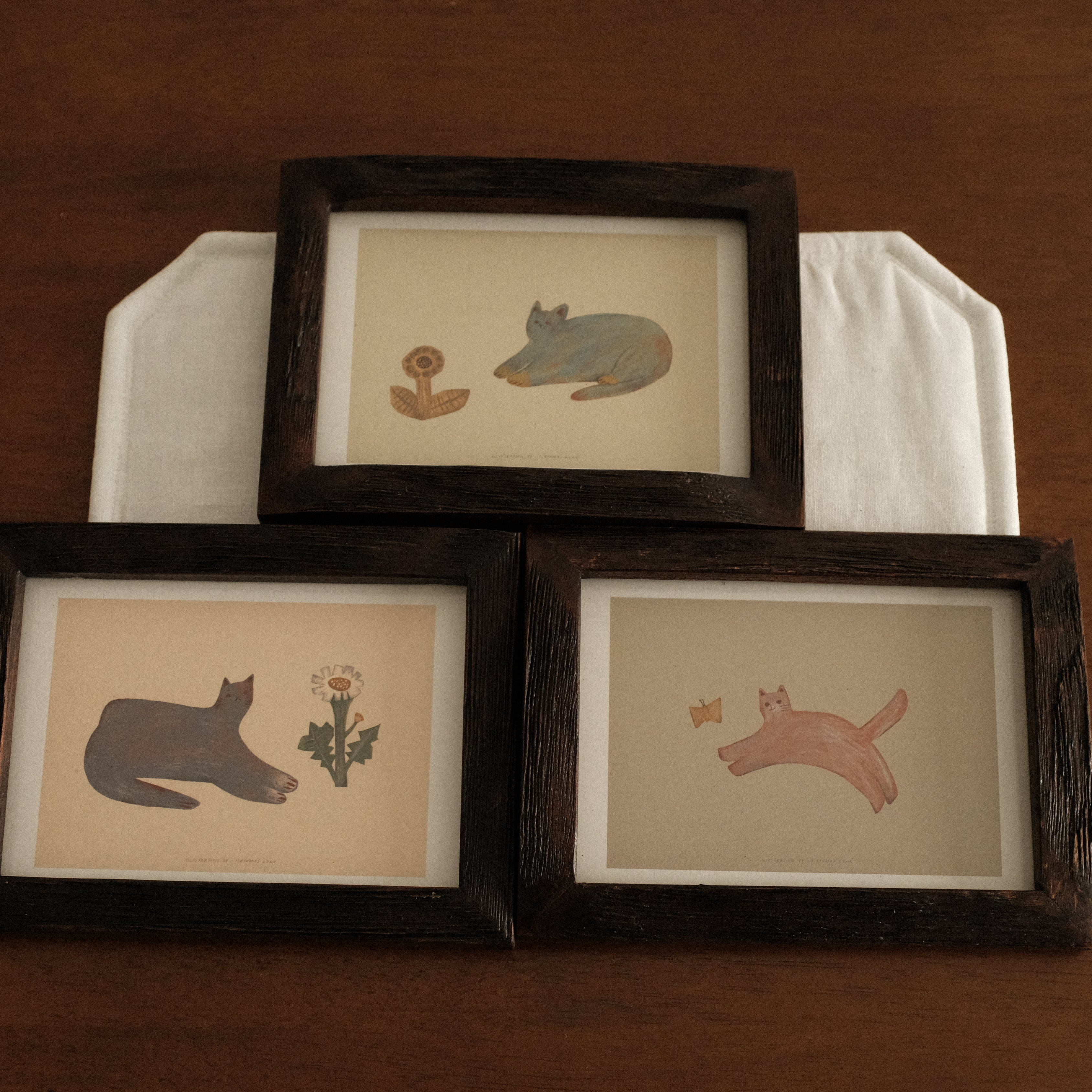 Three framed illustrations of animals on a wooden surface