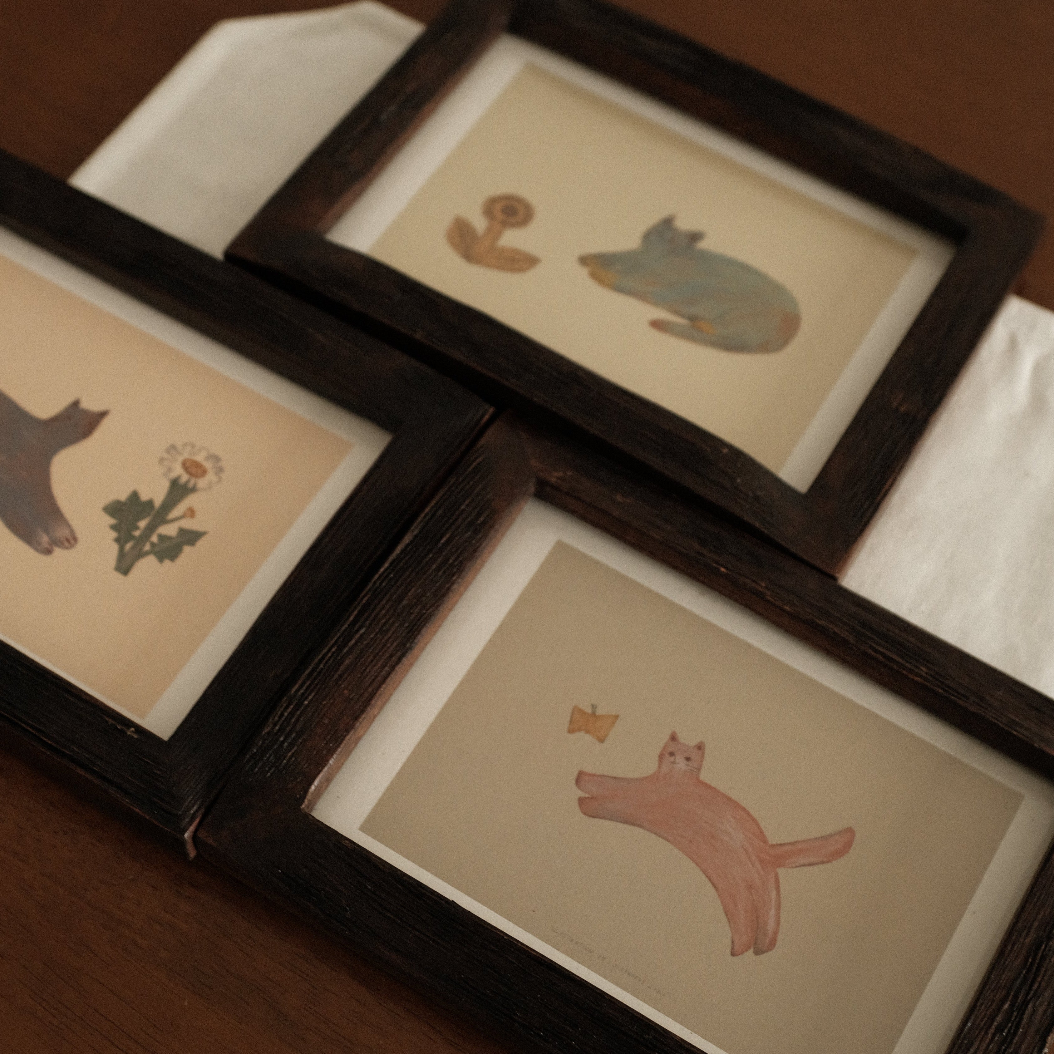 Set of four framed illustrations on a wooden surface