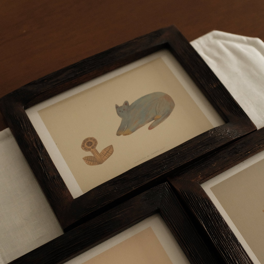 Petites Histoires Vintage Aged Teak Wood Photo Frame Blue Cat with Yellow Sunflower