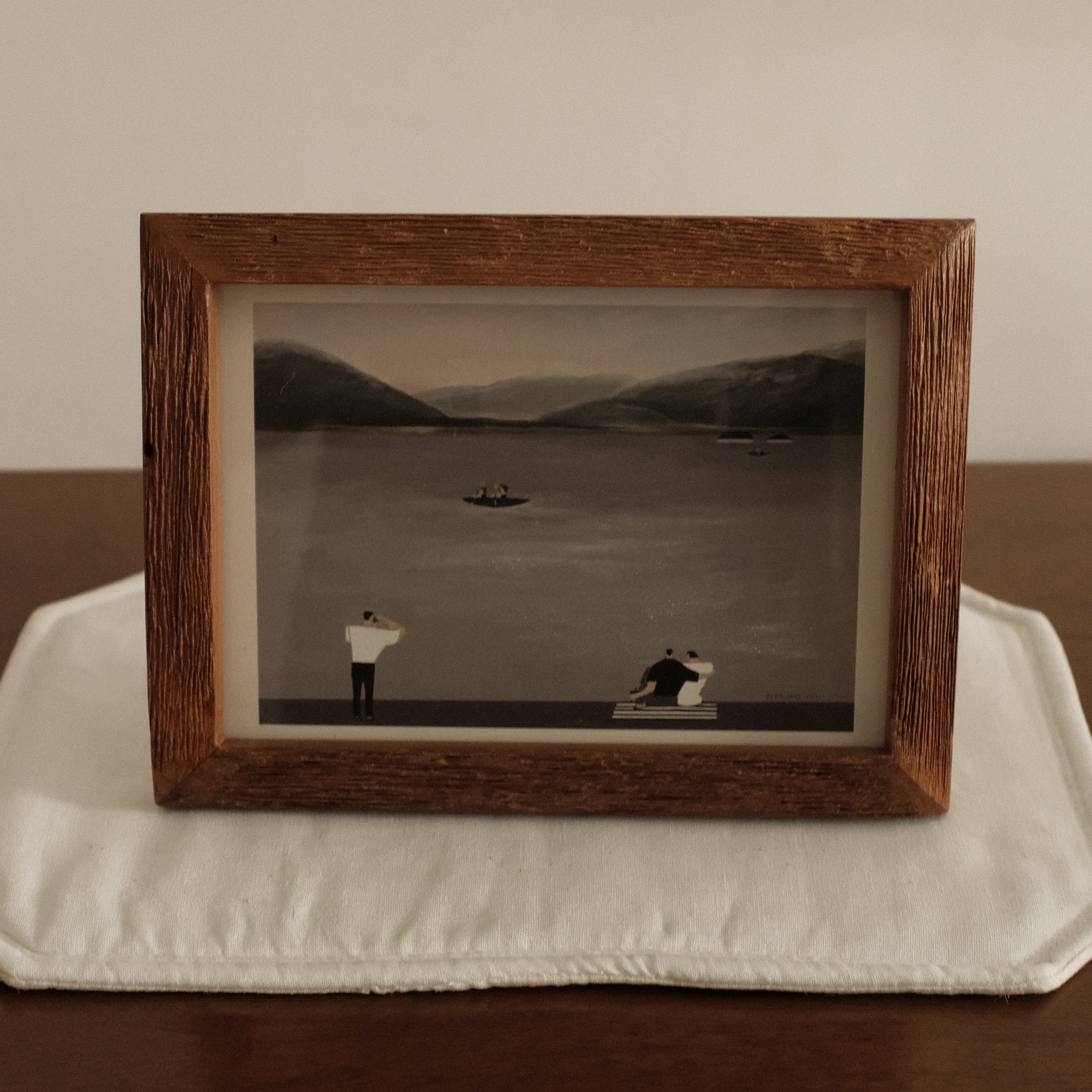 Teak Wood Framed Leisure by the Lake black and white photograph of a landscape with two figures on a wooden surface.